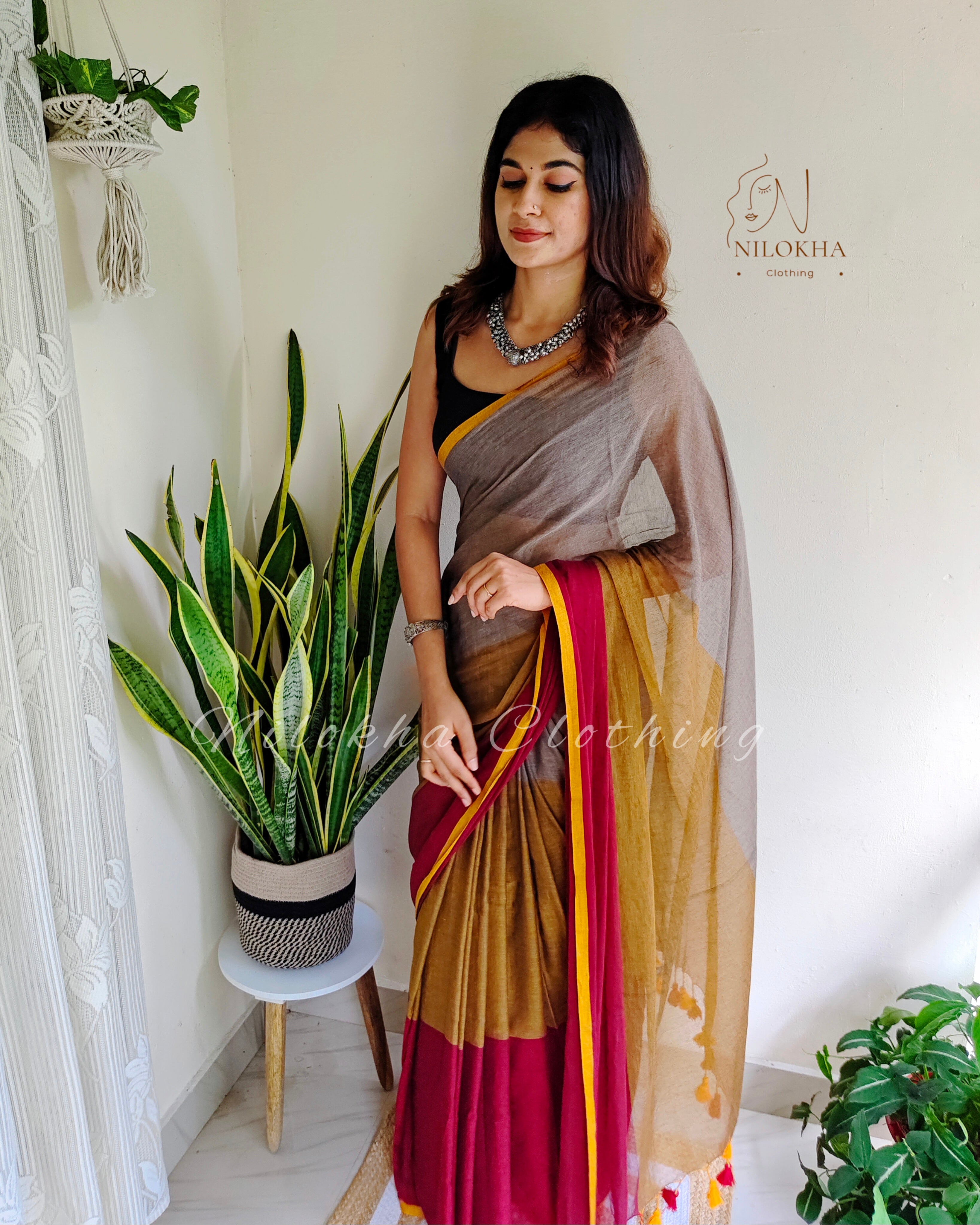 Tri-colored 120 count mul cotton saree | NCC20