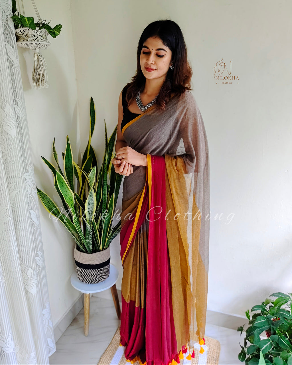 Tri-colored 120 count mul cotton saree | NCC20