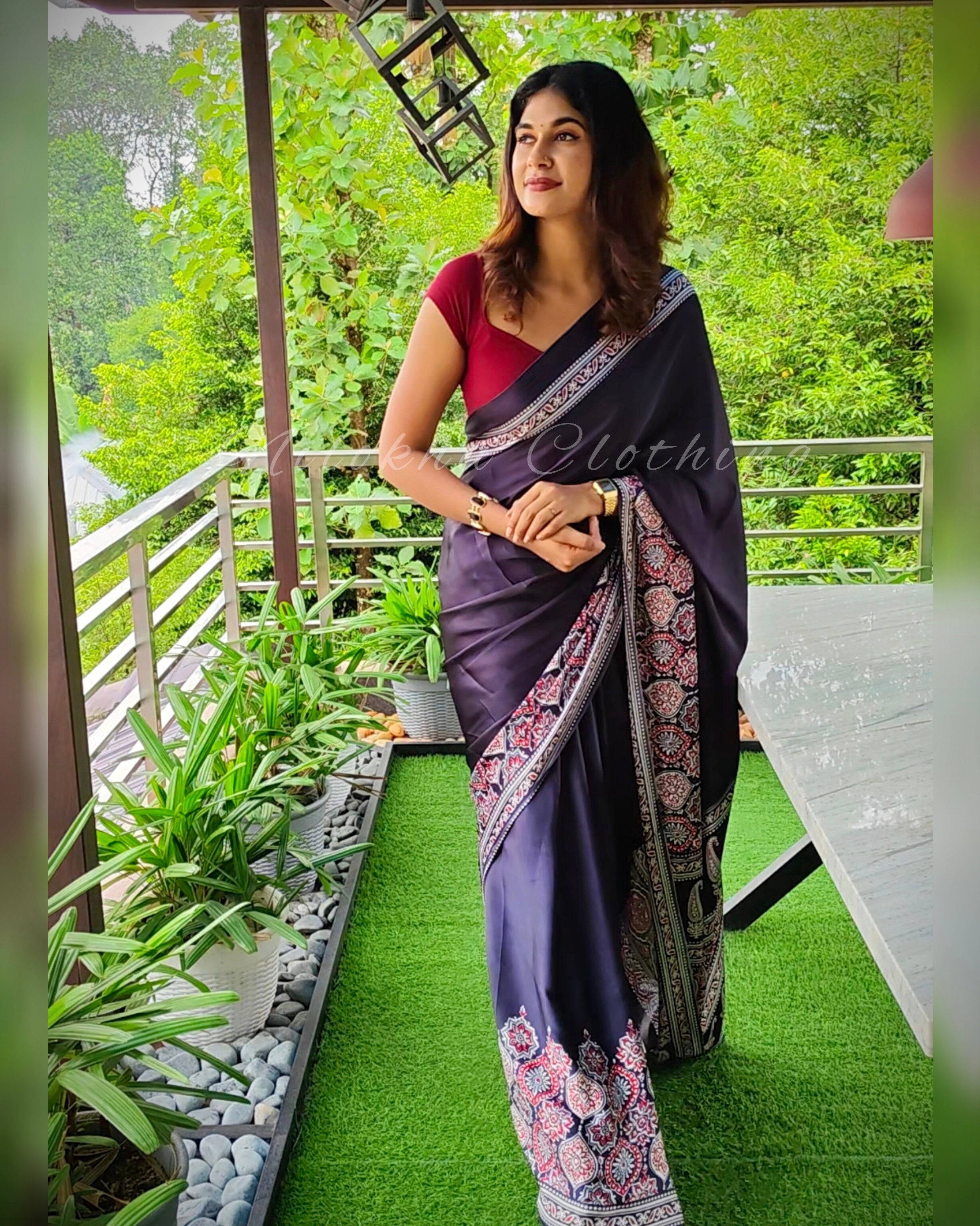Ajrakh printed semi-modal saree | NCB24