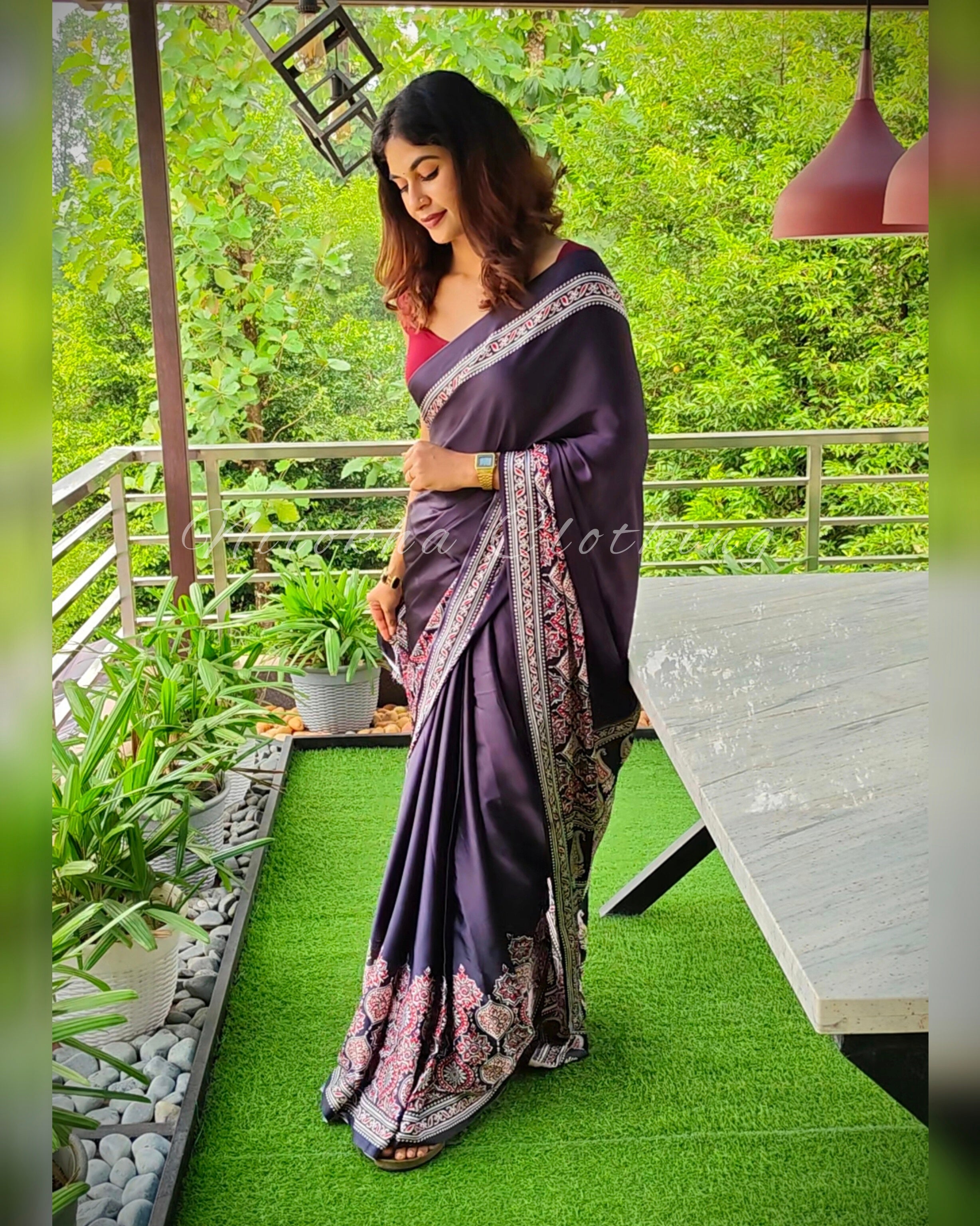 Ajrakh printed semi-modal saree | NCB24