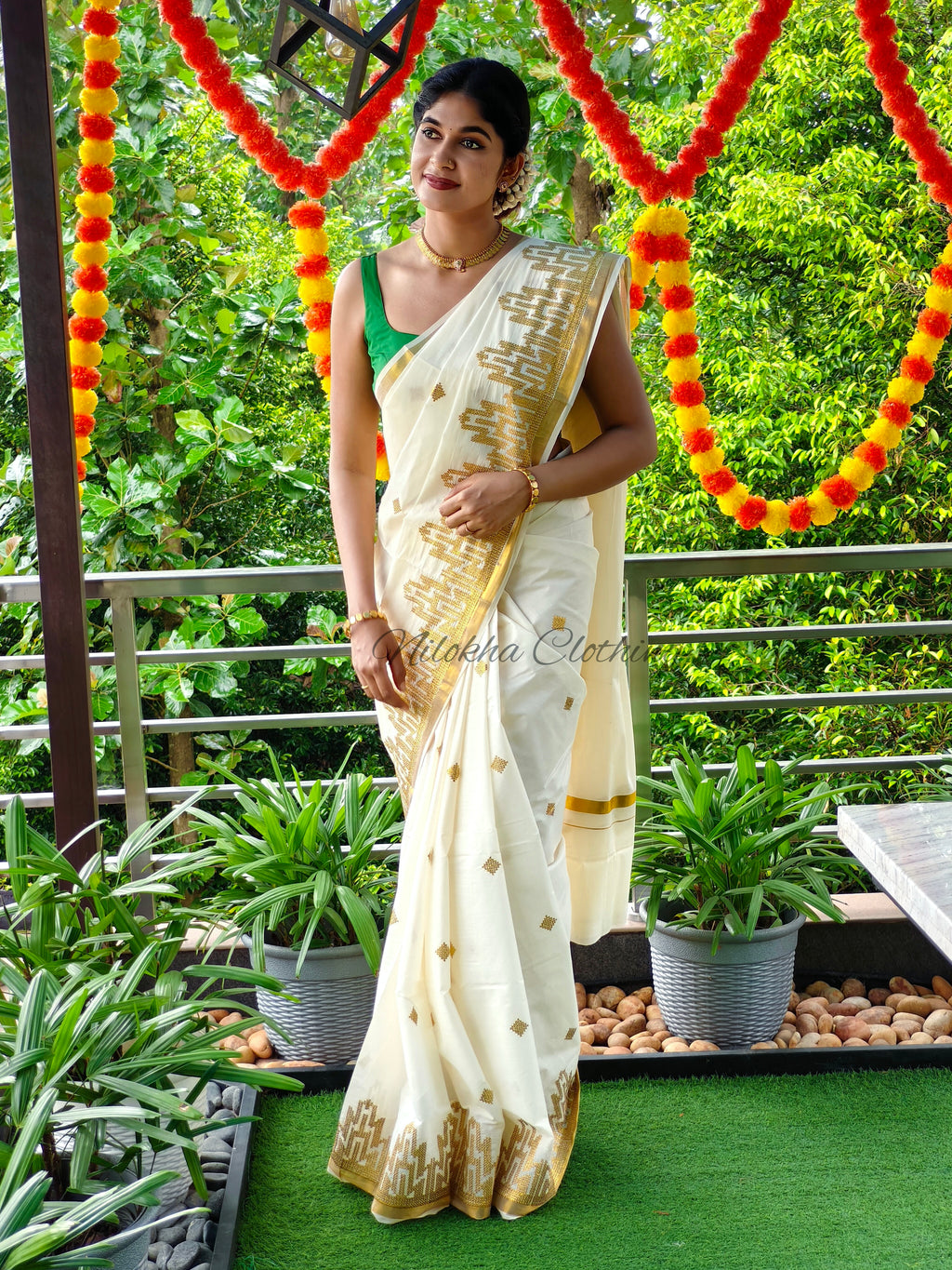 Temple pattern embroidered kerala saree | NCO04