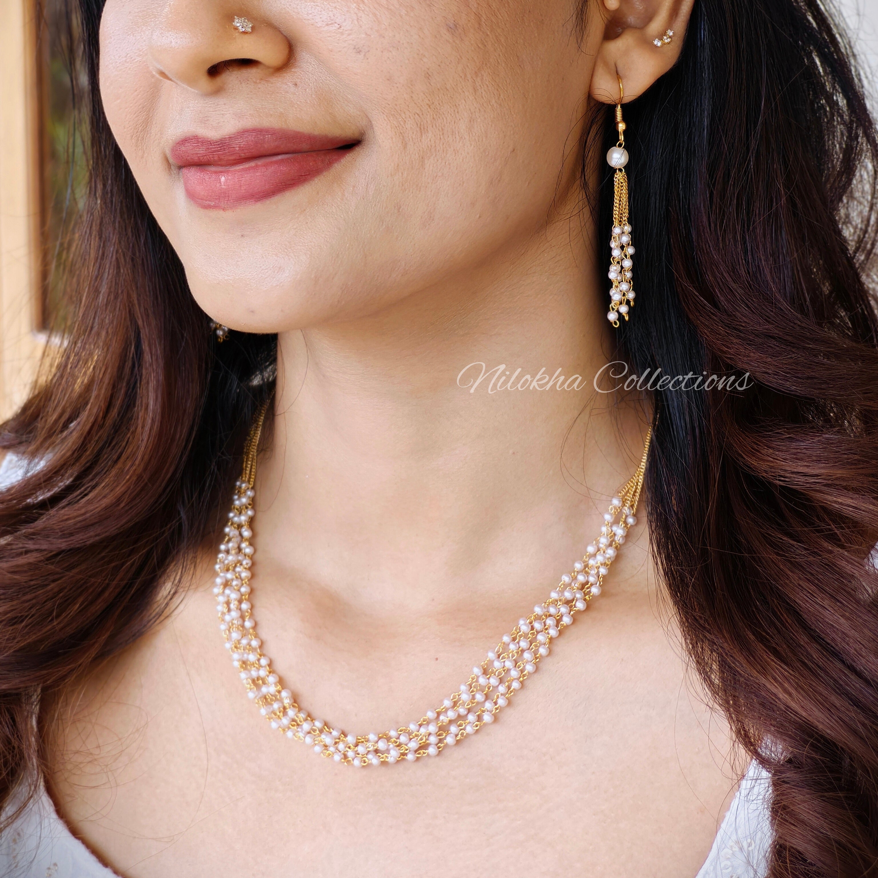5 layer pearl chain with earrings | NAN286