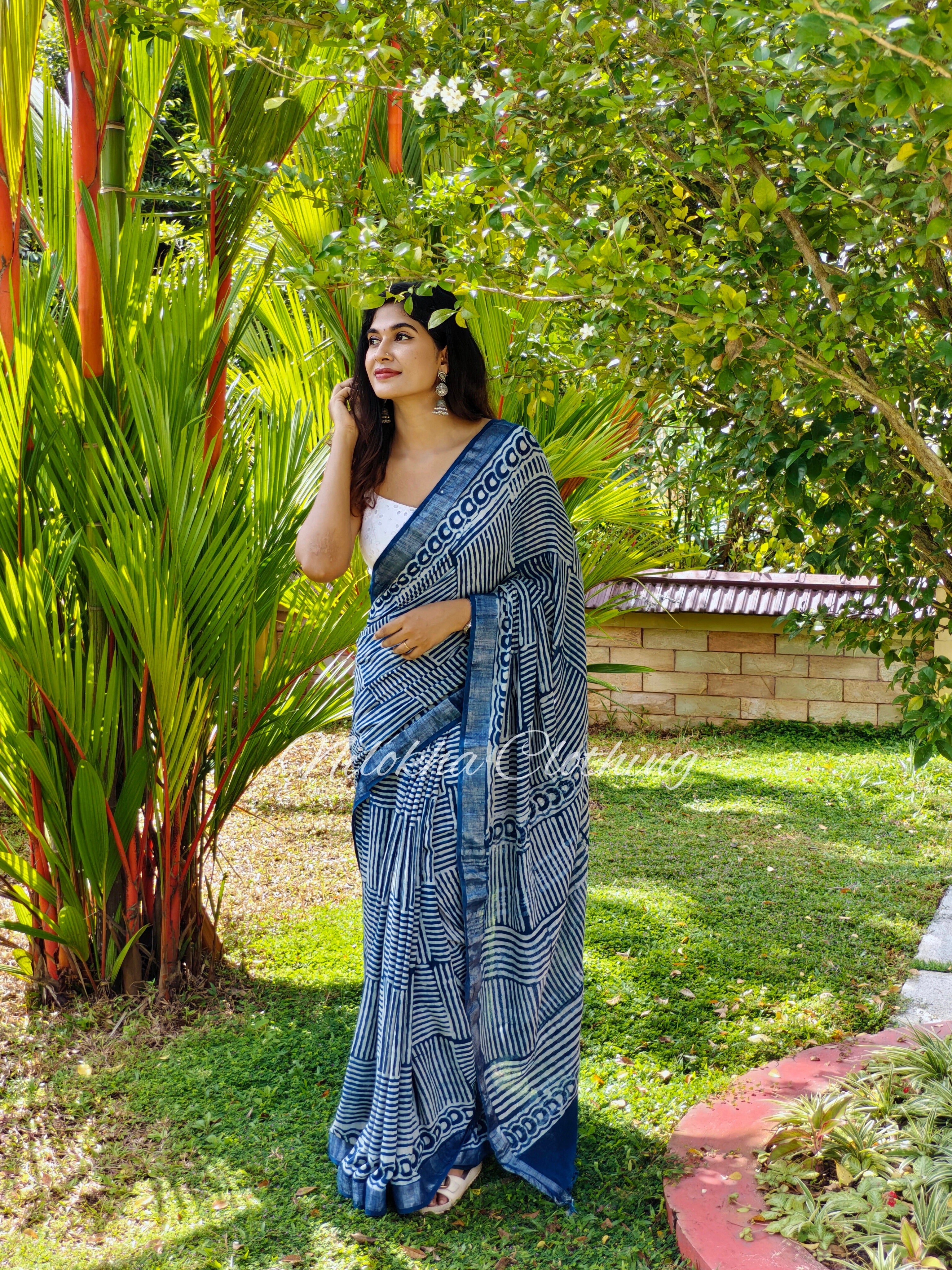 Square lined linen cotton saree | NCC31