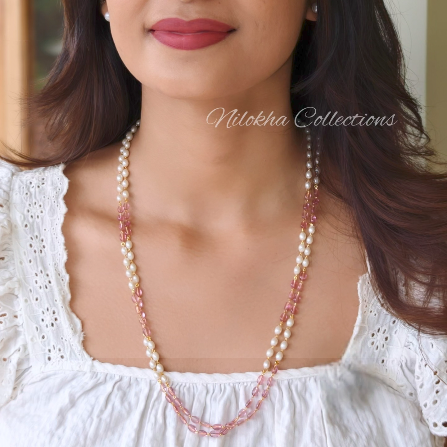 2 layer oval pearl chain with beads |NAN314