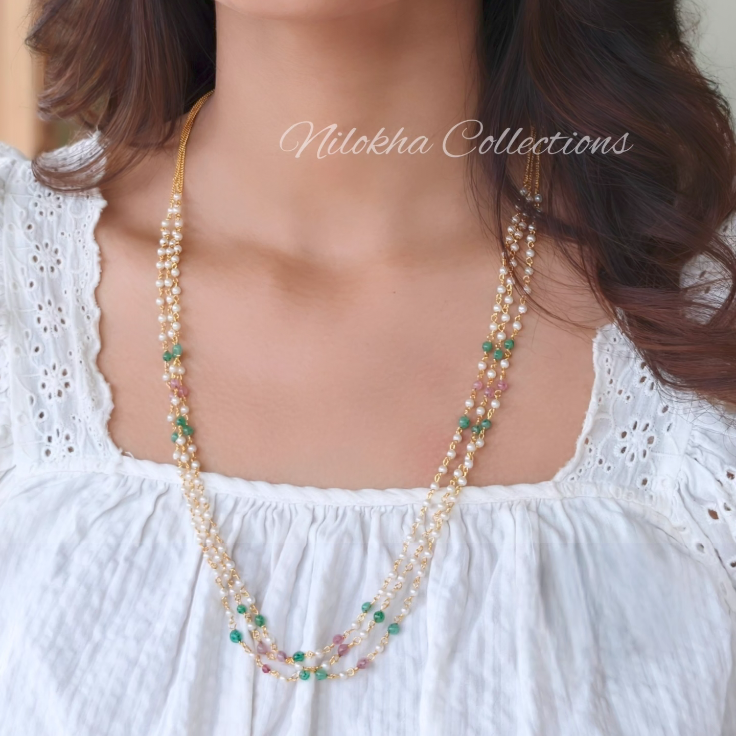 3 layer long pearl chain with multi beads | NAN308A
