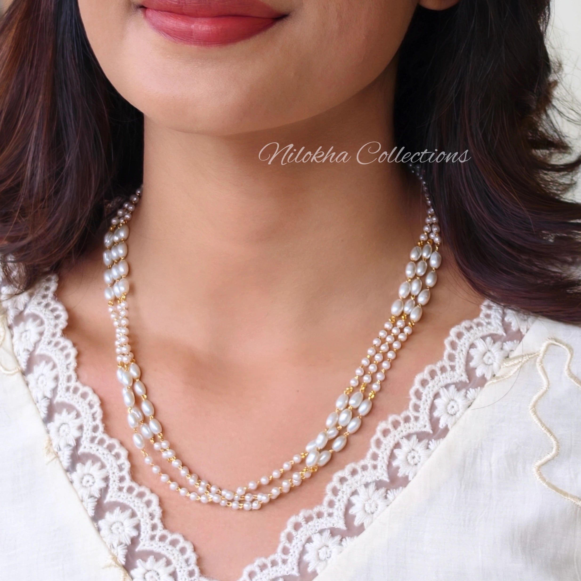 3 layer chain with oval and small pearls | NAN311