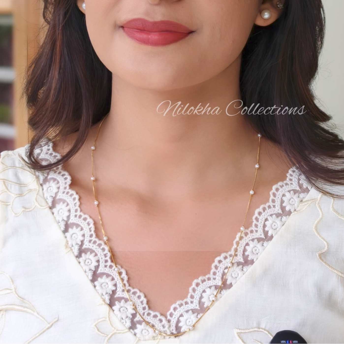 Gold look-alike 1 layer long chain with pearls | NAN316A