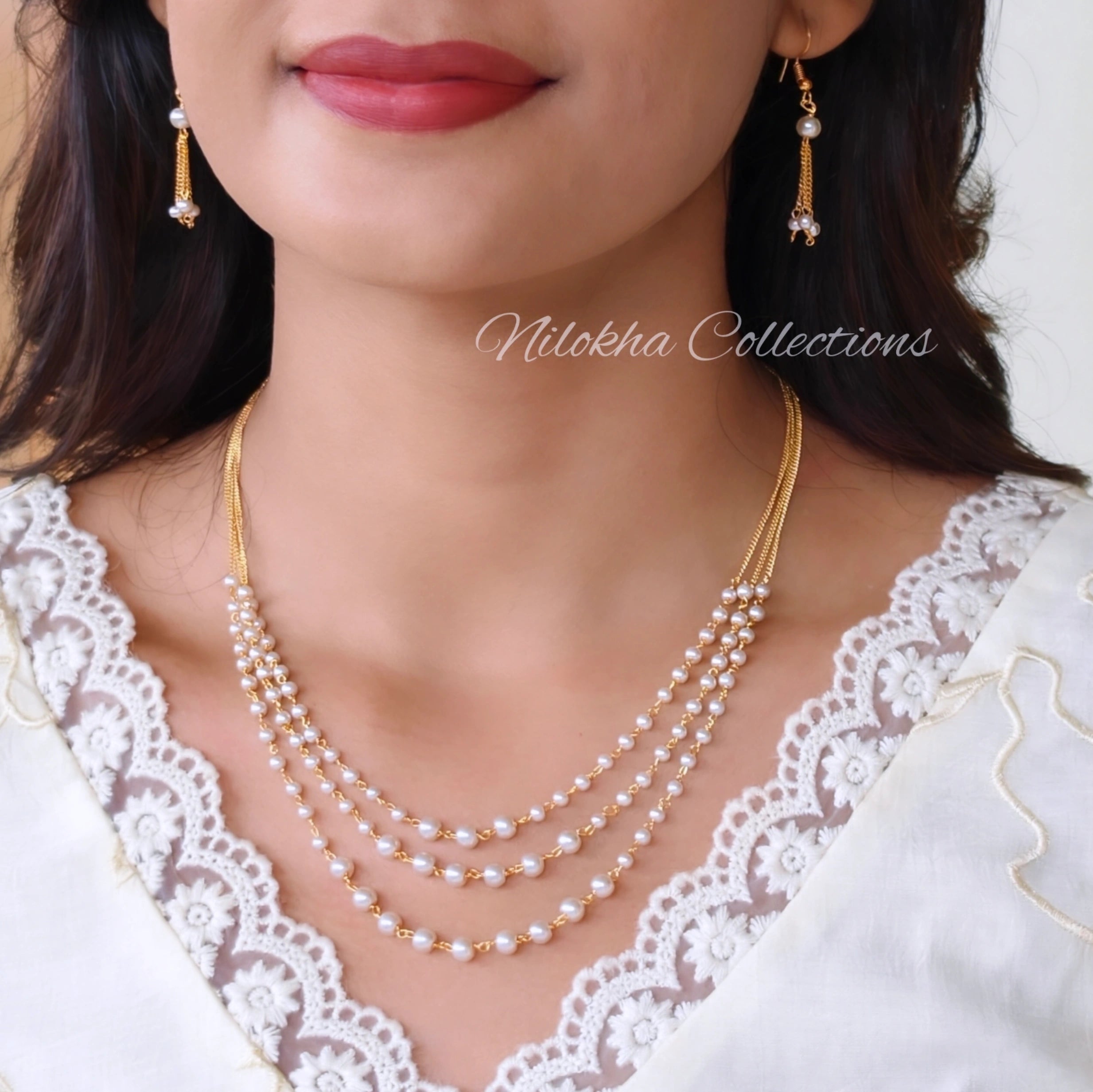 3 layer layered pearl chain with earrings | NAN318