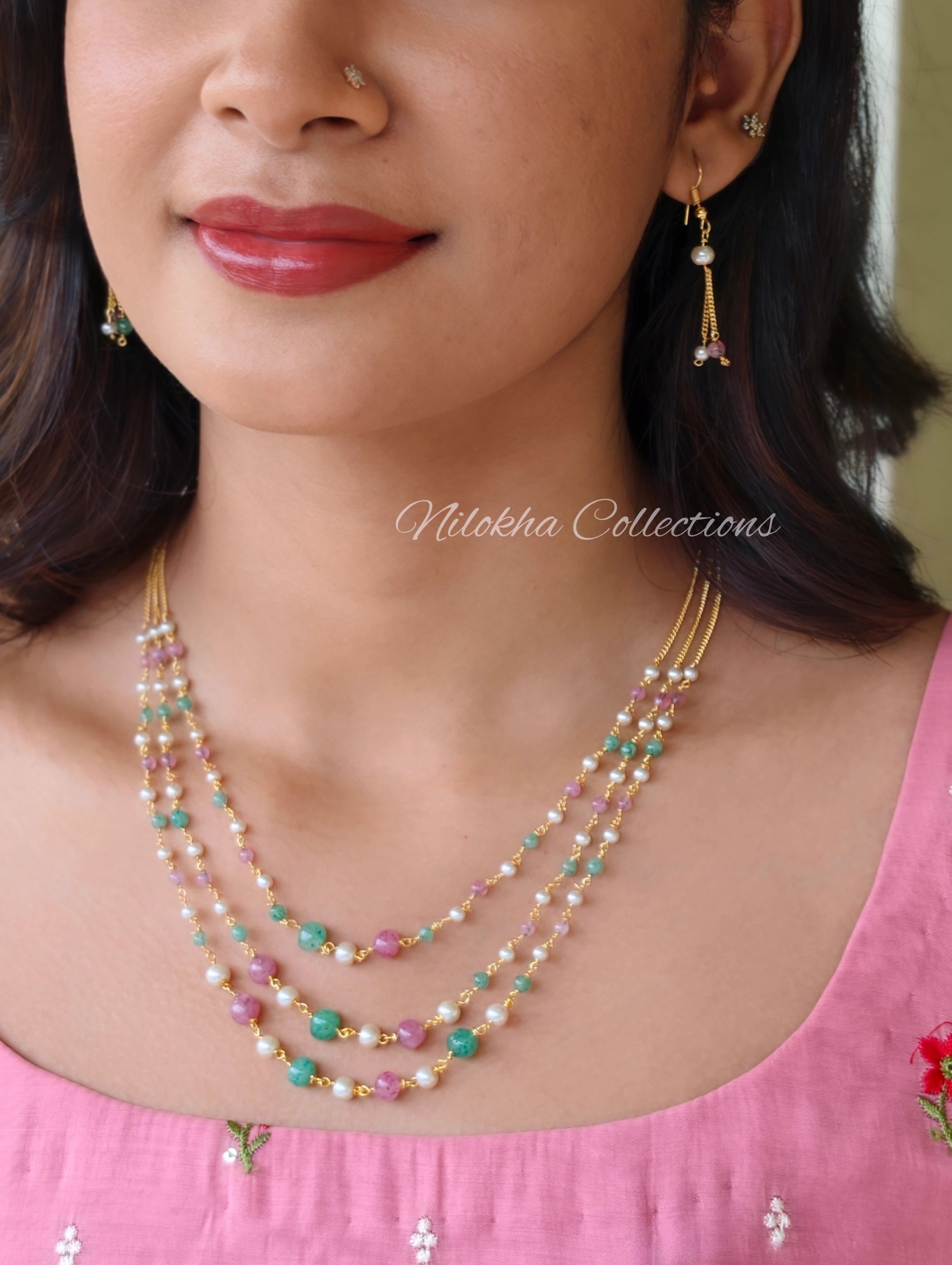 3 layer layered multi chain with earrings | NAN328