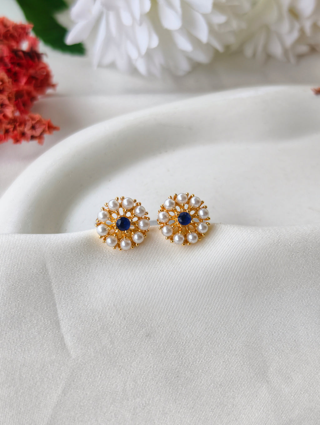 Floral pearl studs with stone | NTE33