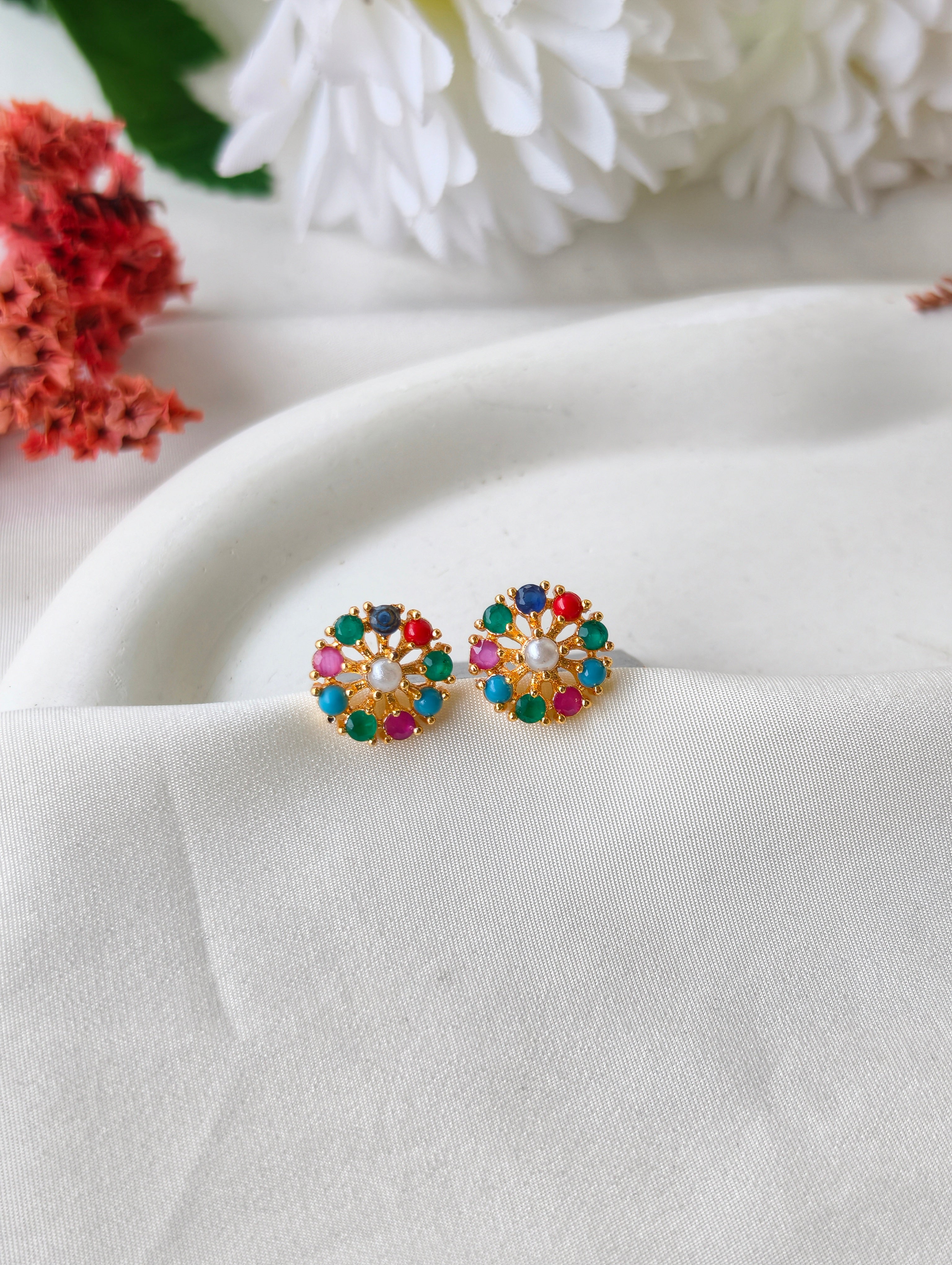 Floral pearl studs with stone | NTE33