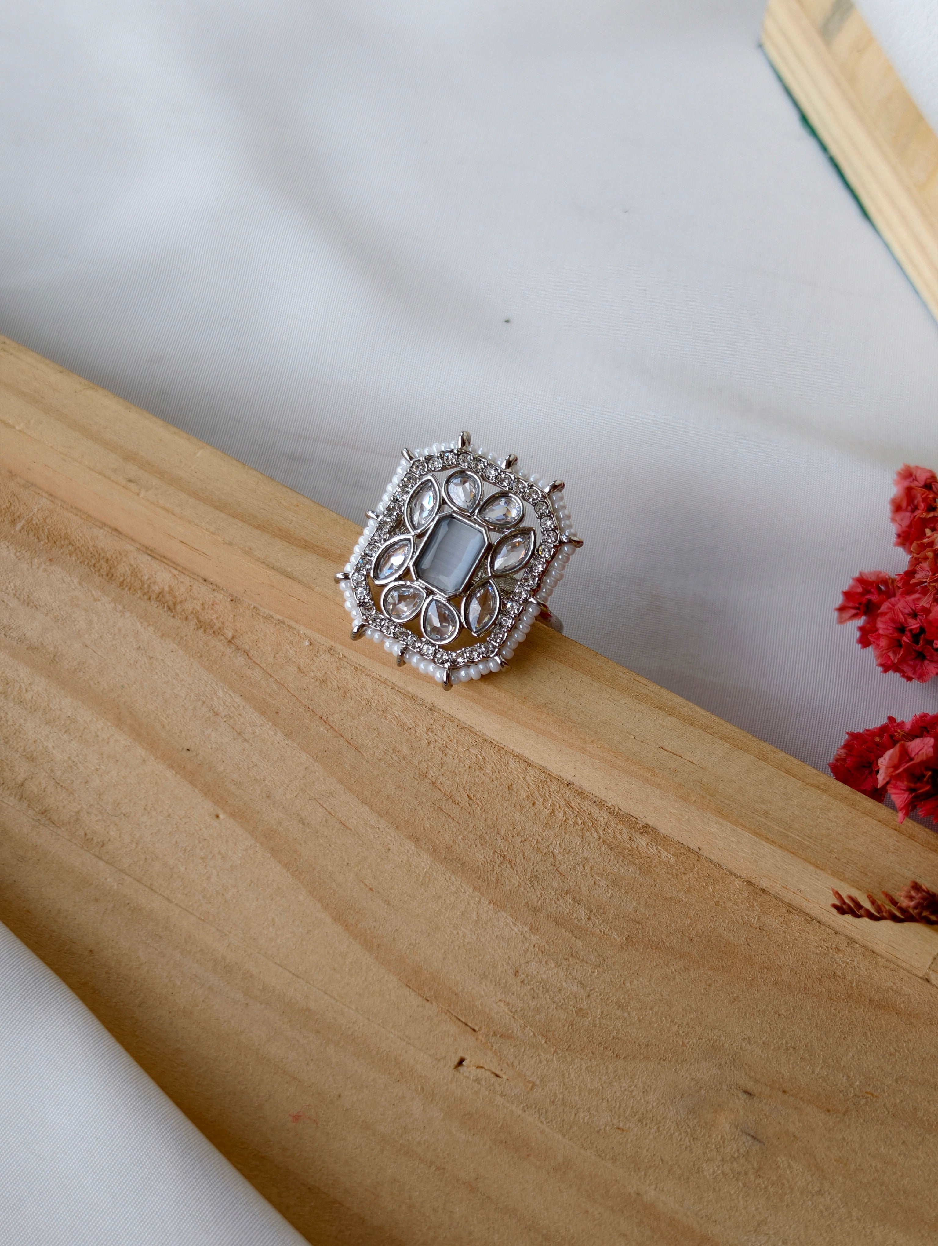 Rectangle AD finger rings with pearls | NSR06