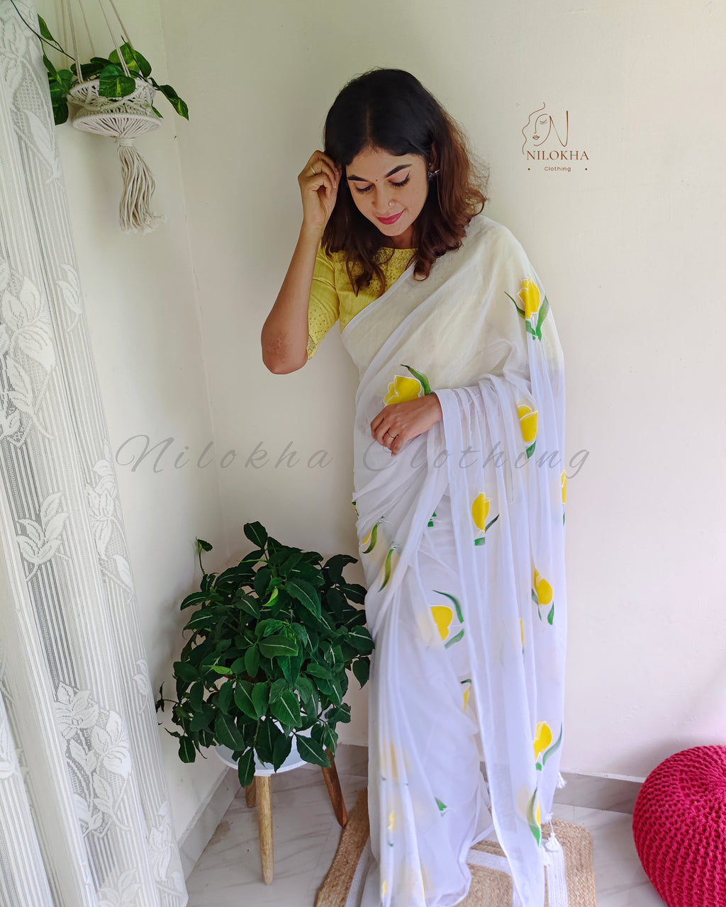 Floral hand painted 120 count mul cotton saree | NCC17