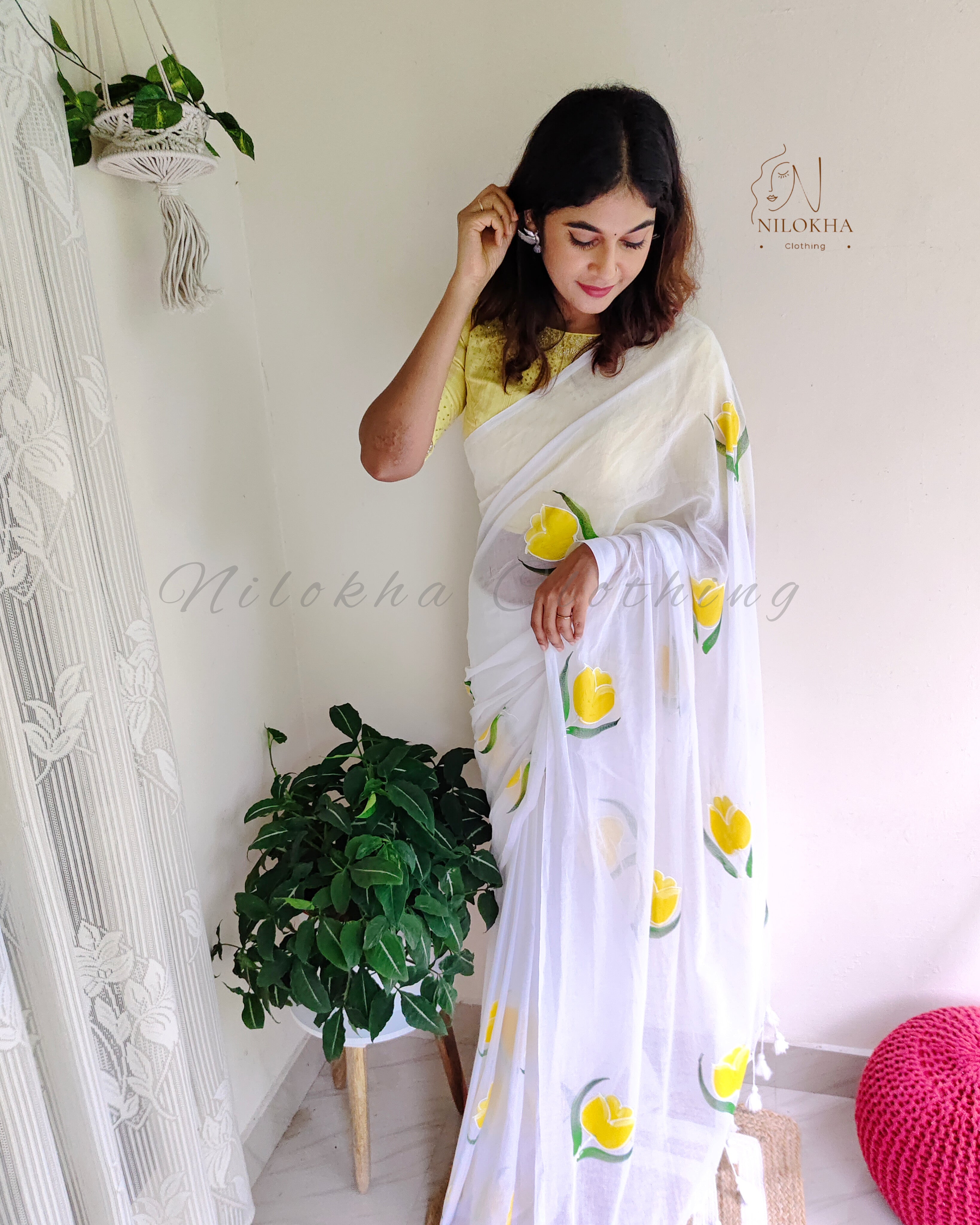 Floral hand painted 120 count mul cotton saree | NCC17