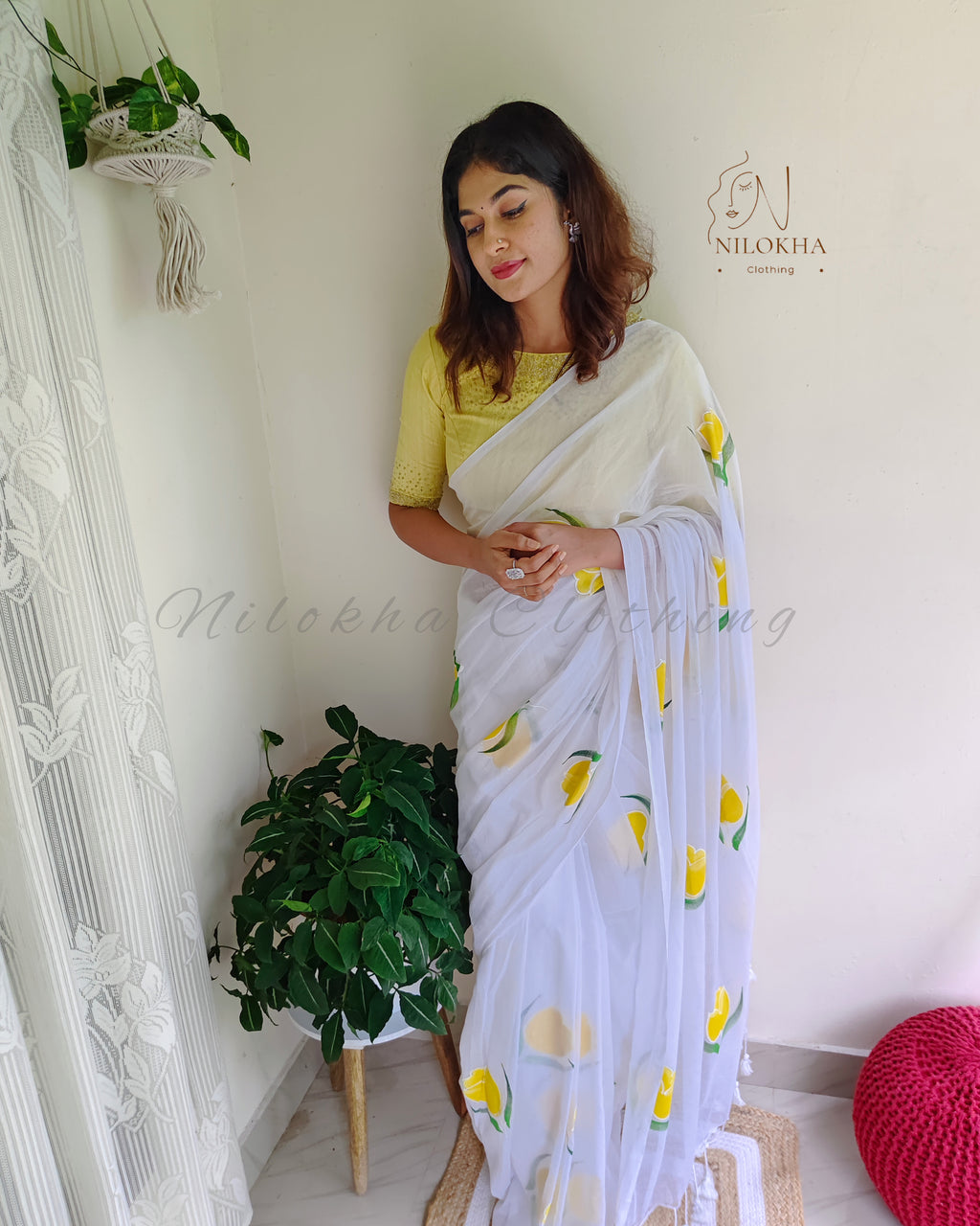 Floral hand painted 120 count mul cotton saree | NCC17