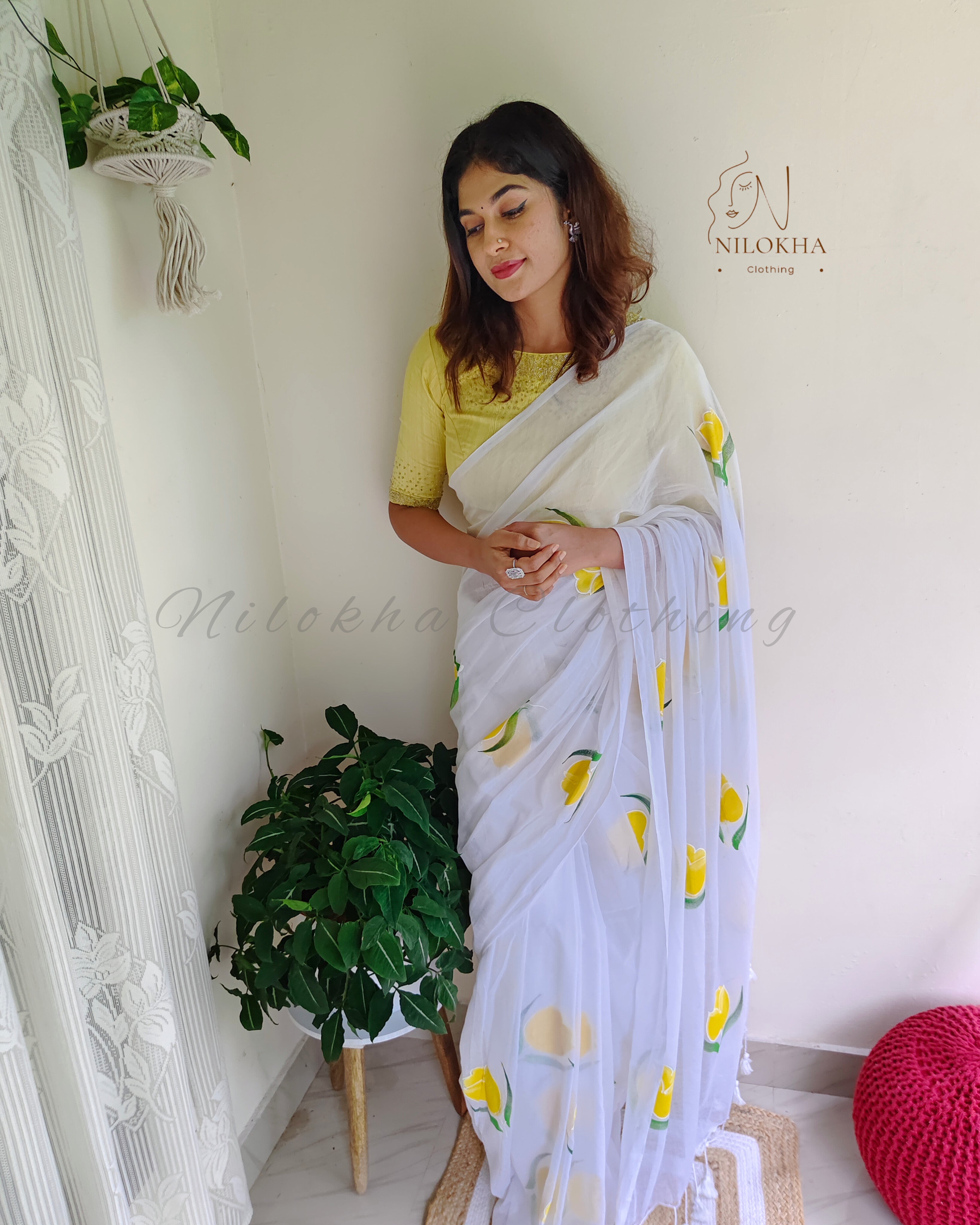 Floral hand painted 120 count mul cotton saree | NCC17