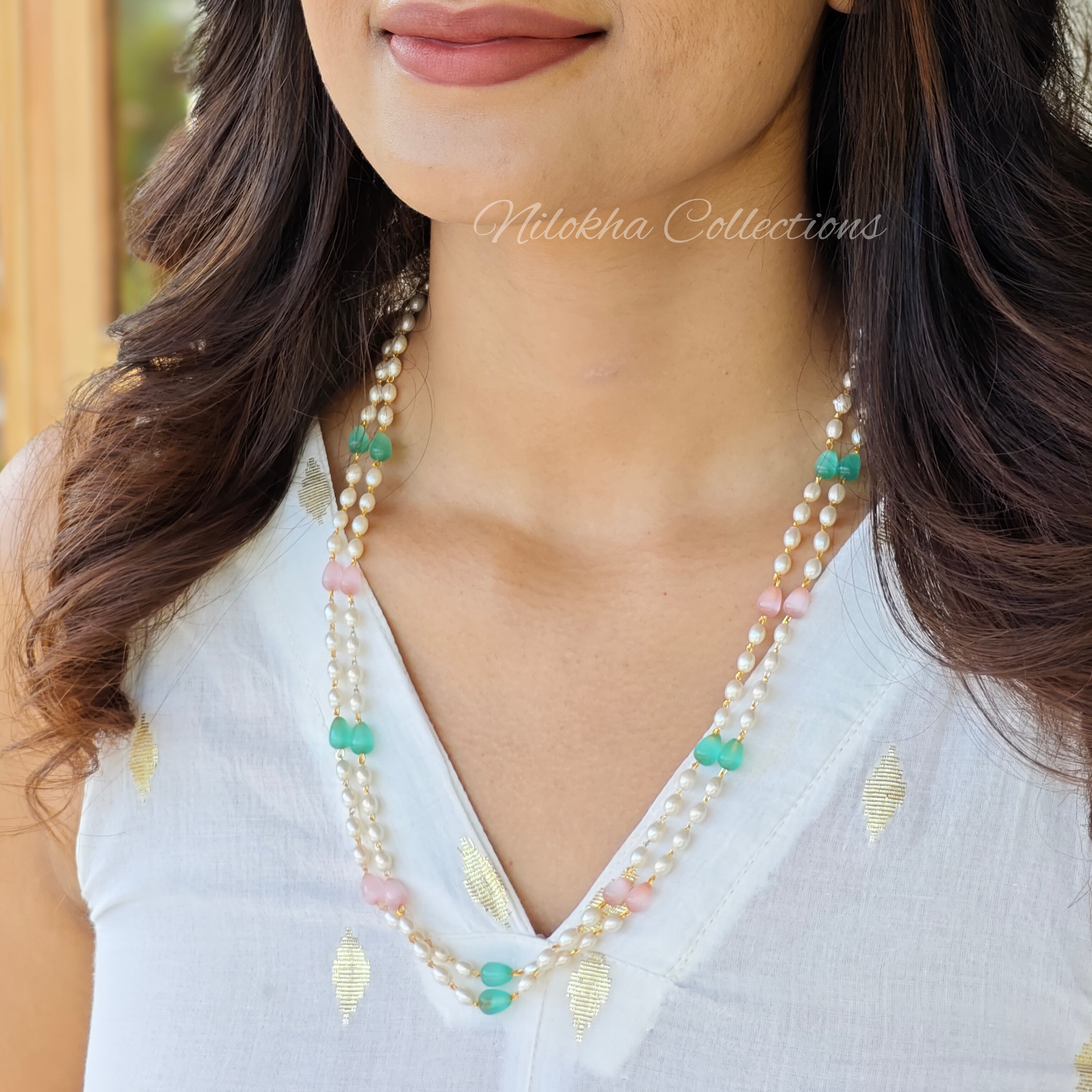 2 layer pearl chain with teardrop monalosa beads | NAN285