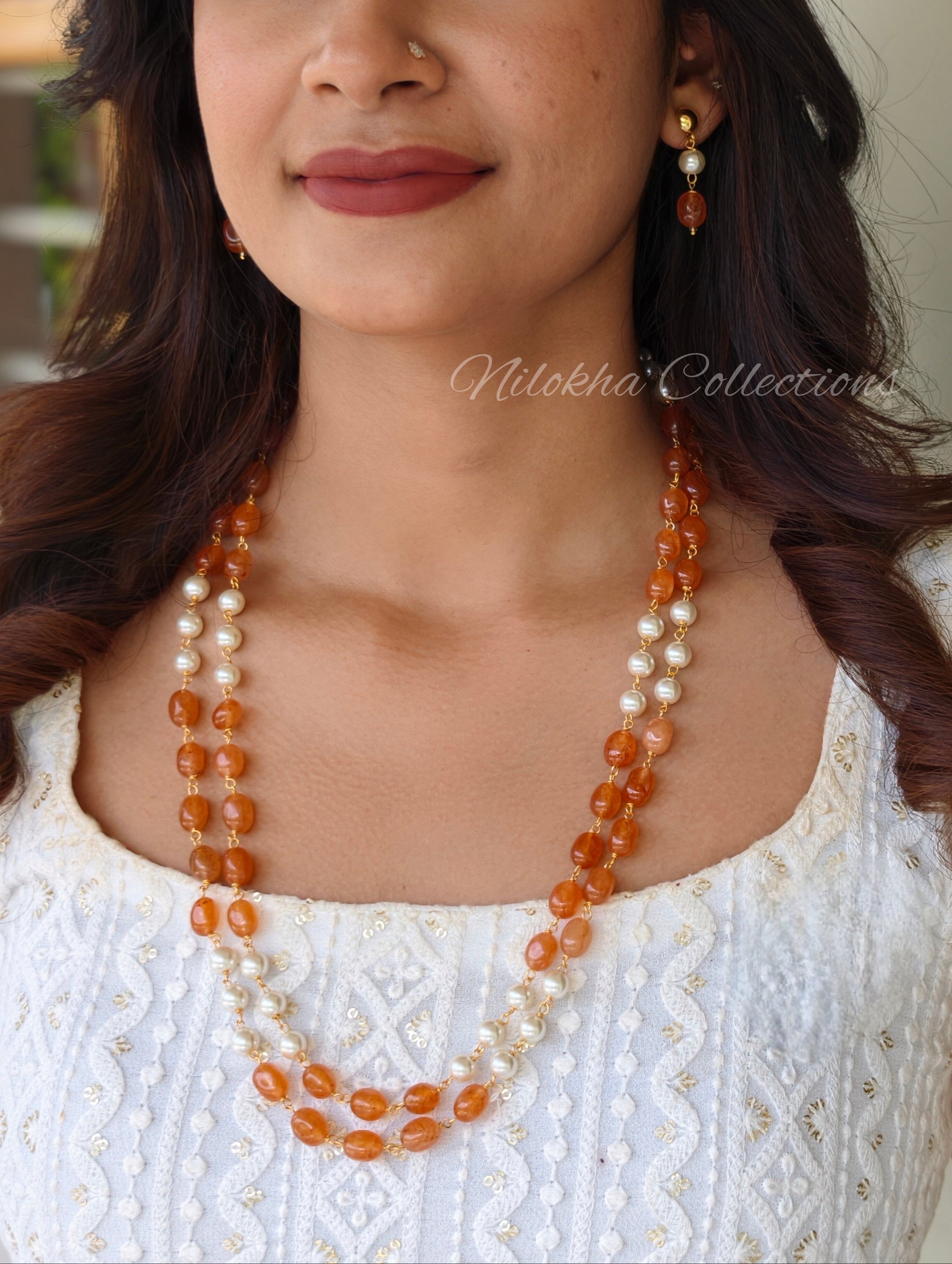 2 layer long pearl chain with earrings | NAN290