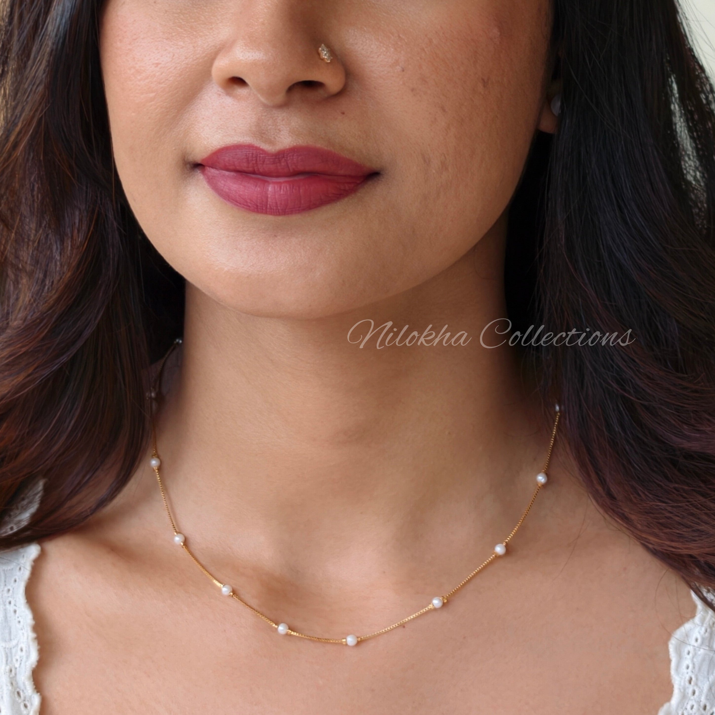 Gold look-alike 1 layer short chain with pearls | NAN309A