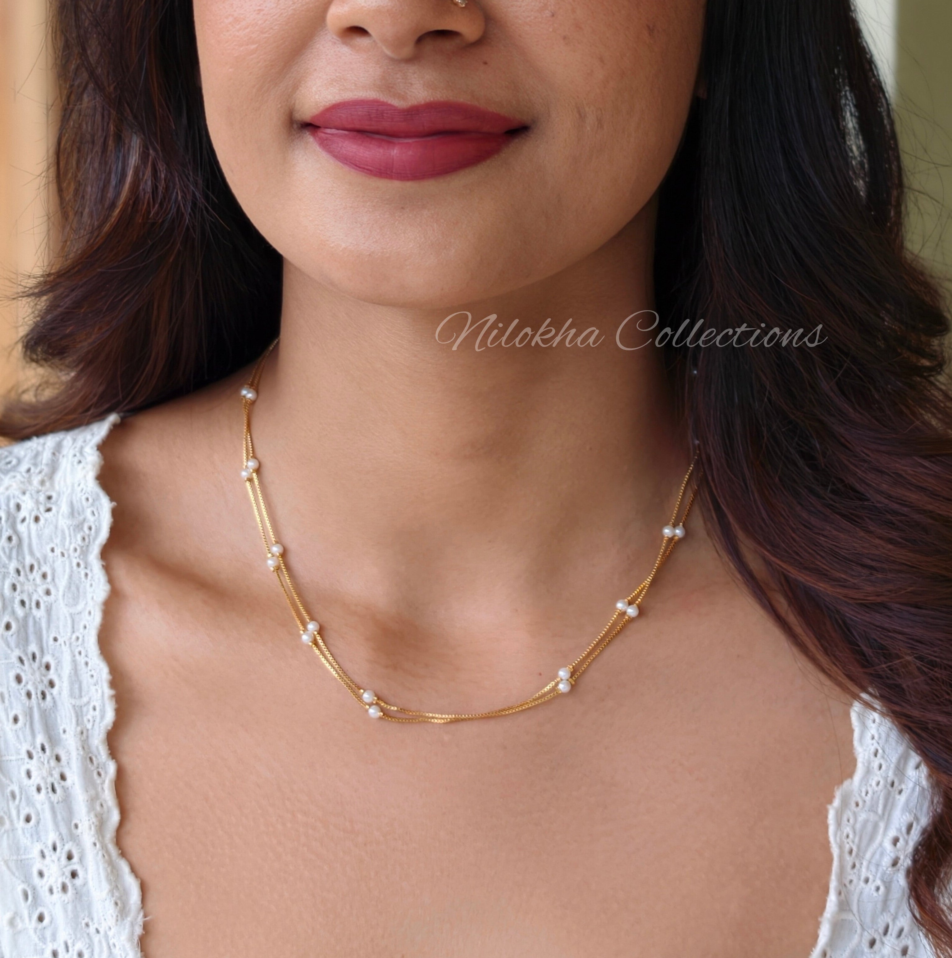 Gold look-alike 2 layer short chain with pearls | NAN309B