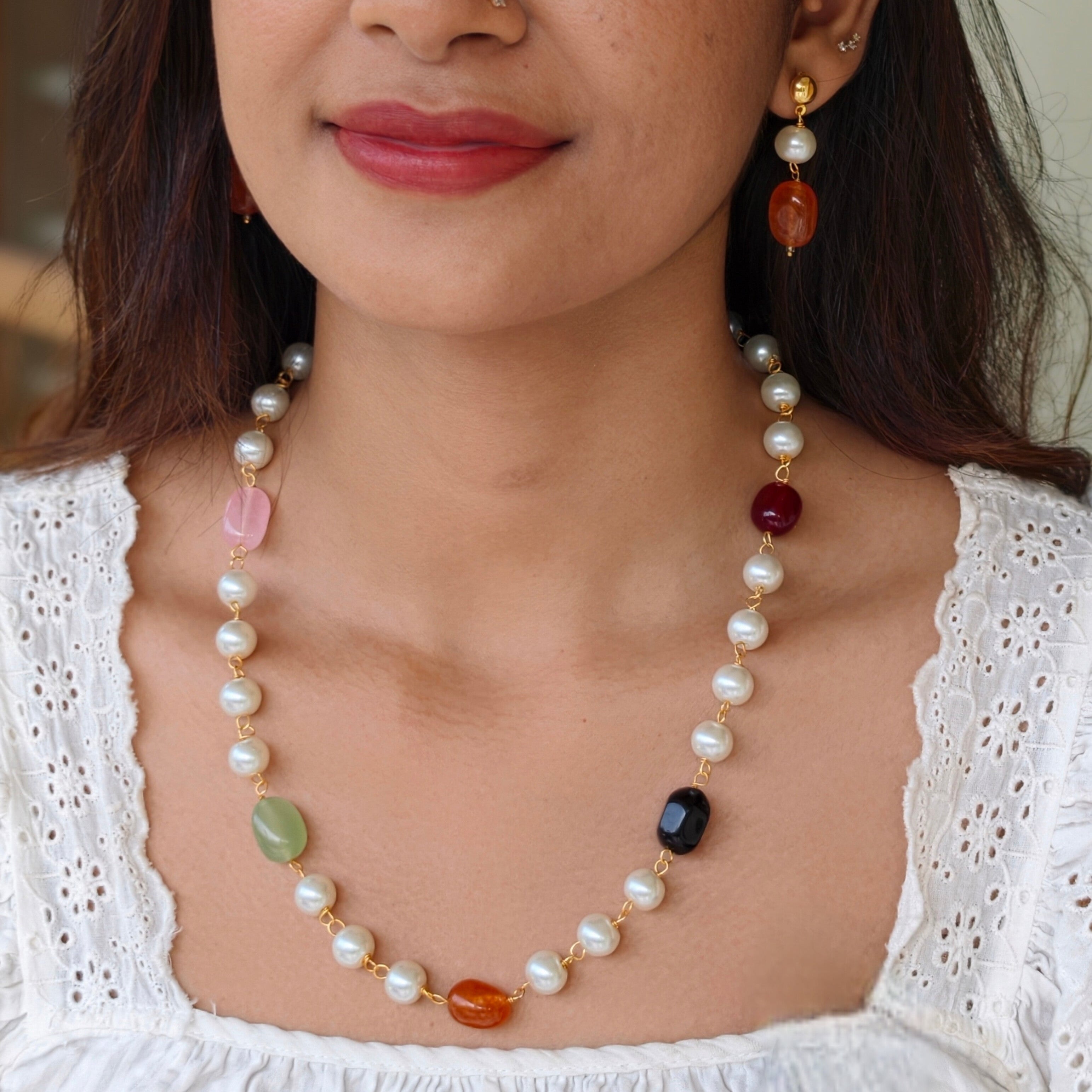1 layer pearl and bead combo chain, with earrings | NAN305