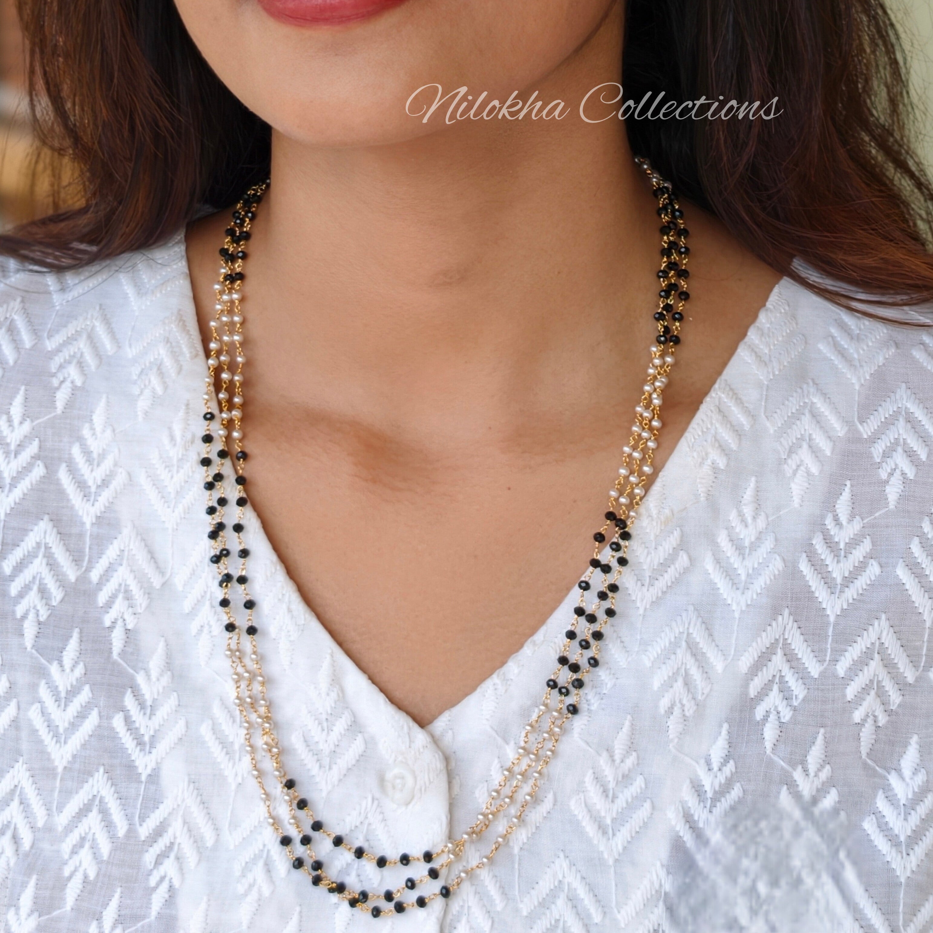 3 layer pearl chain with black crystal beads | NAN300B