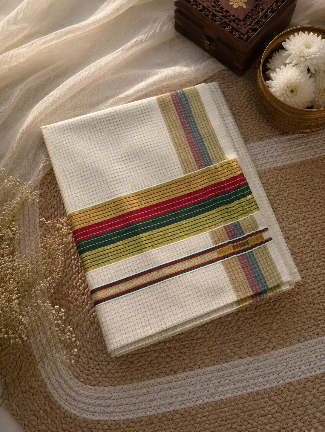 Checked kerala saree with tri-border| NCO57