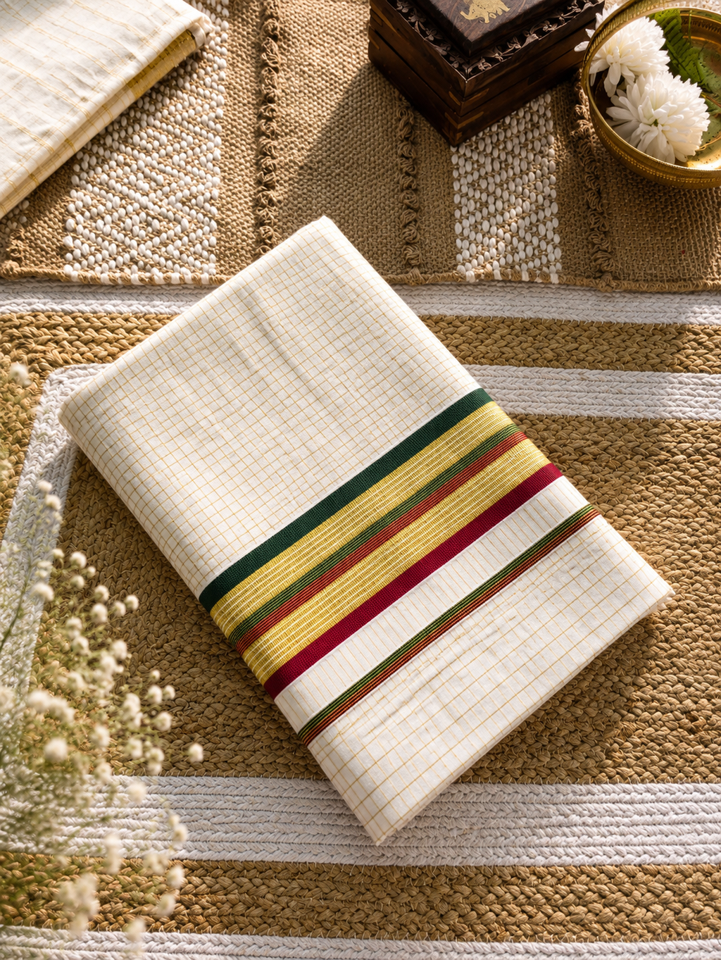 Checked kerala saree with tri-border | NCO55