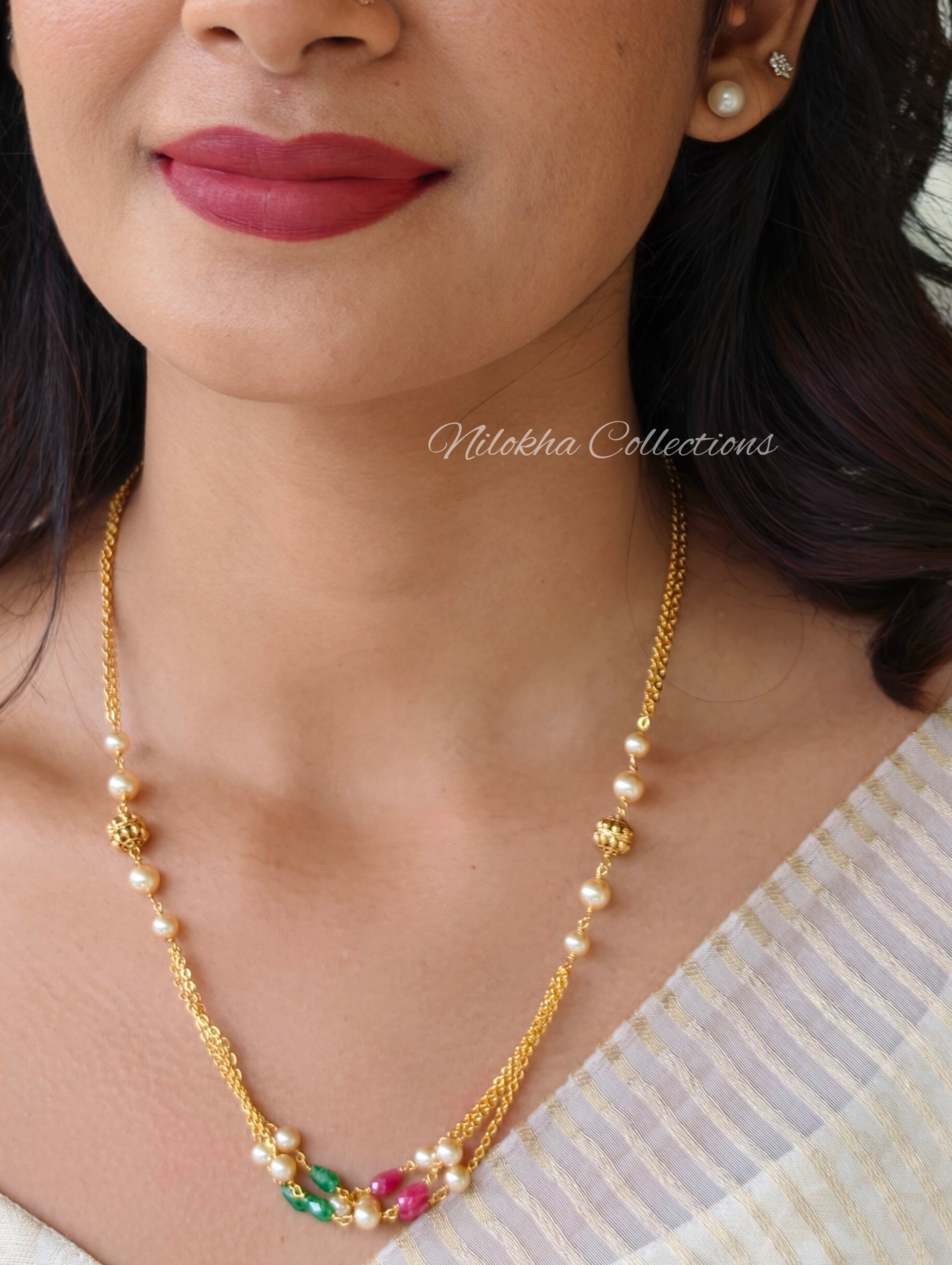 Gold look-alike pearl chain with crystals | NAN361