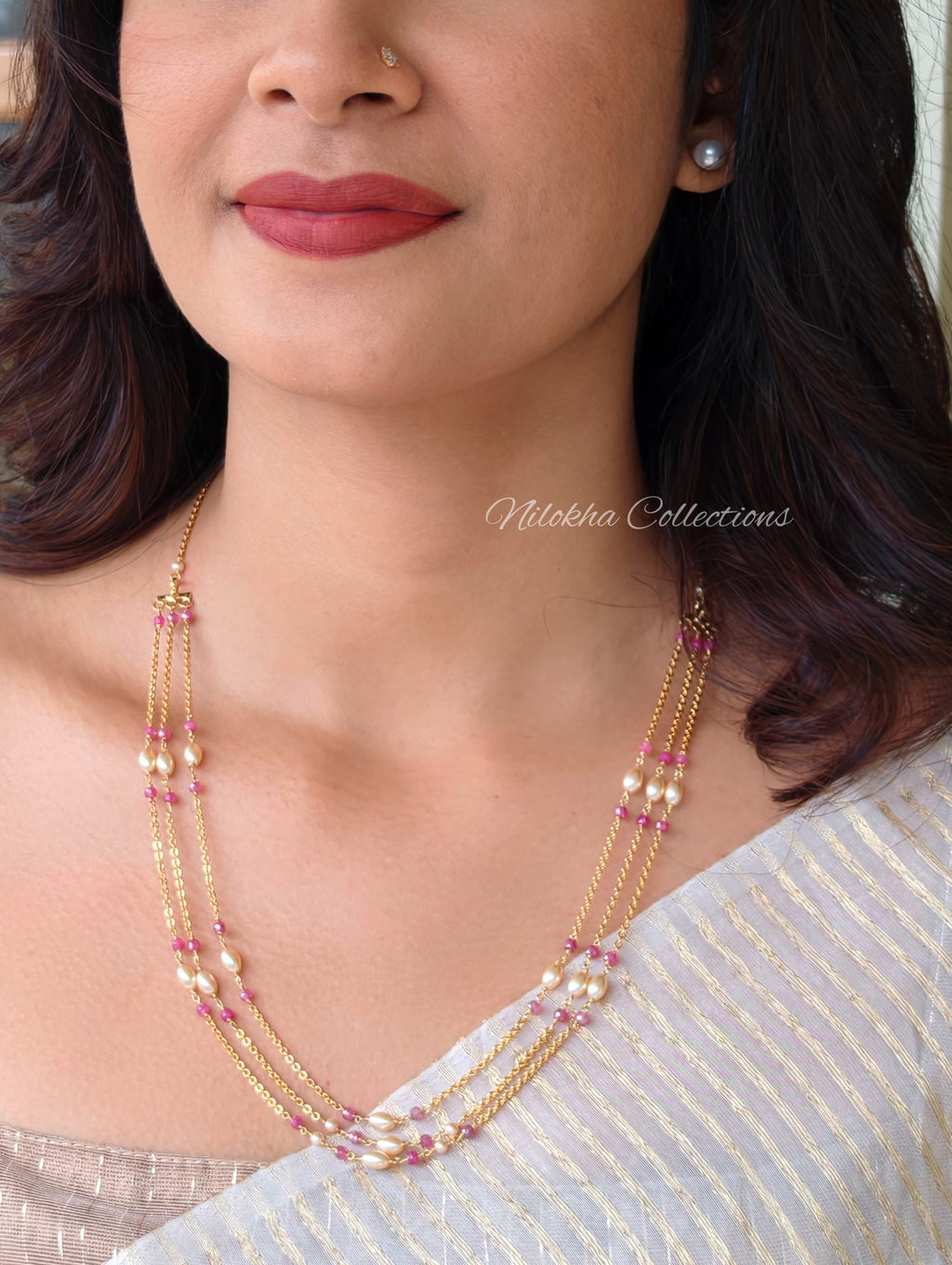 3 layer pearl chain with crystal beads | NAN381