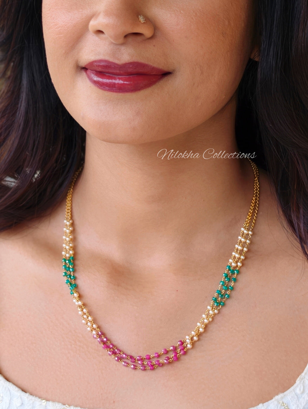 3 layer pearl chain with crystals| NAN411