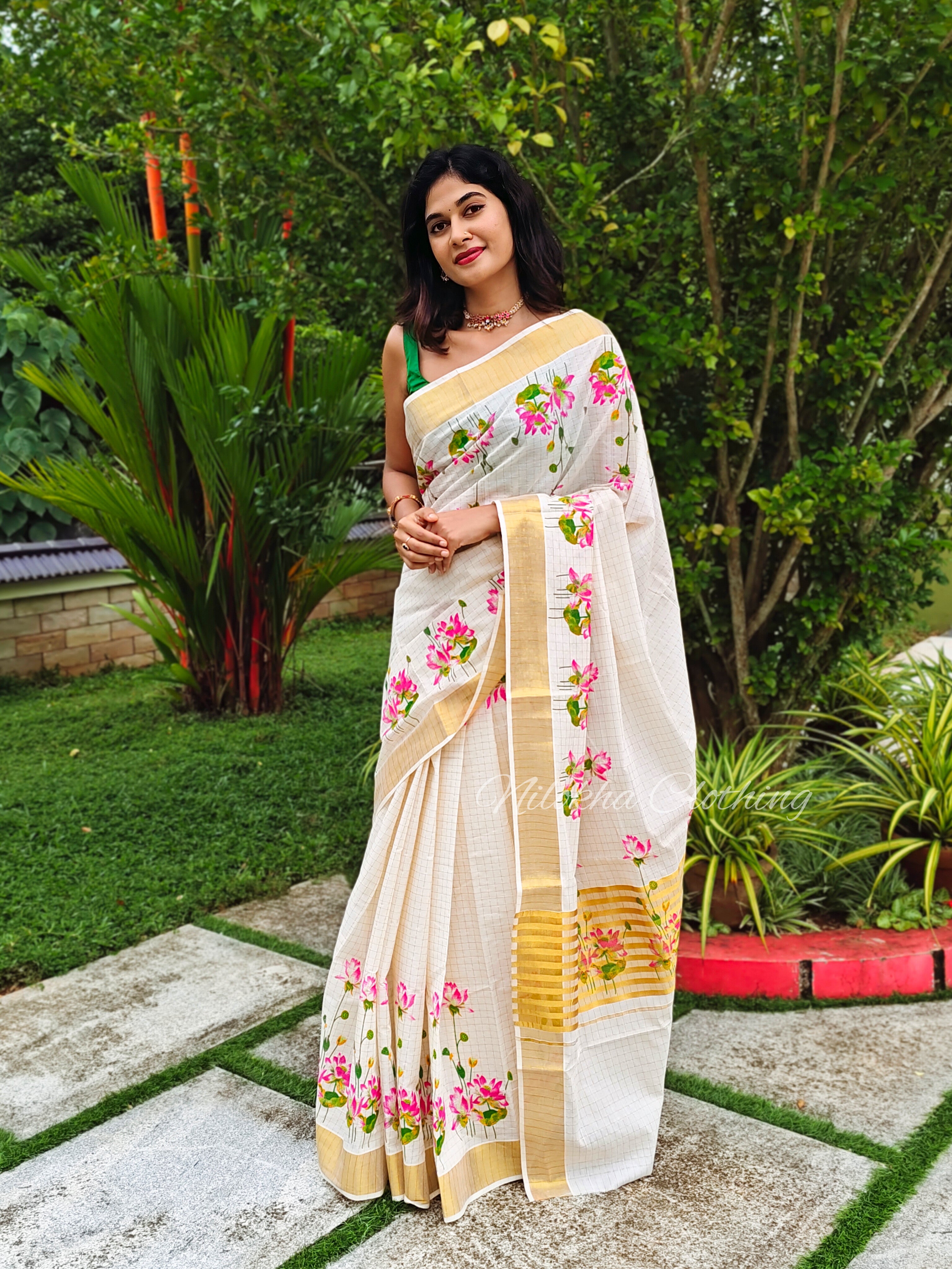 Lotus printed kerala saree | NCO37