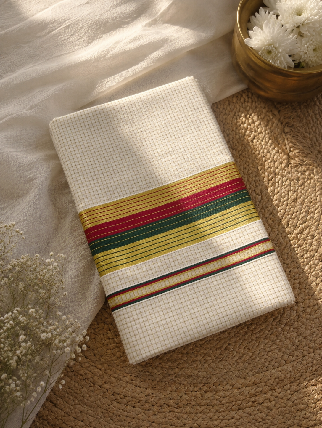 Checked kerala saree with tri-border| NCO57