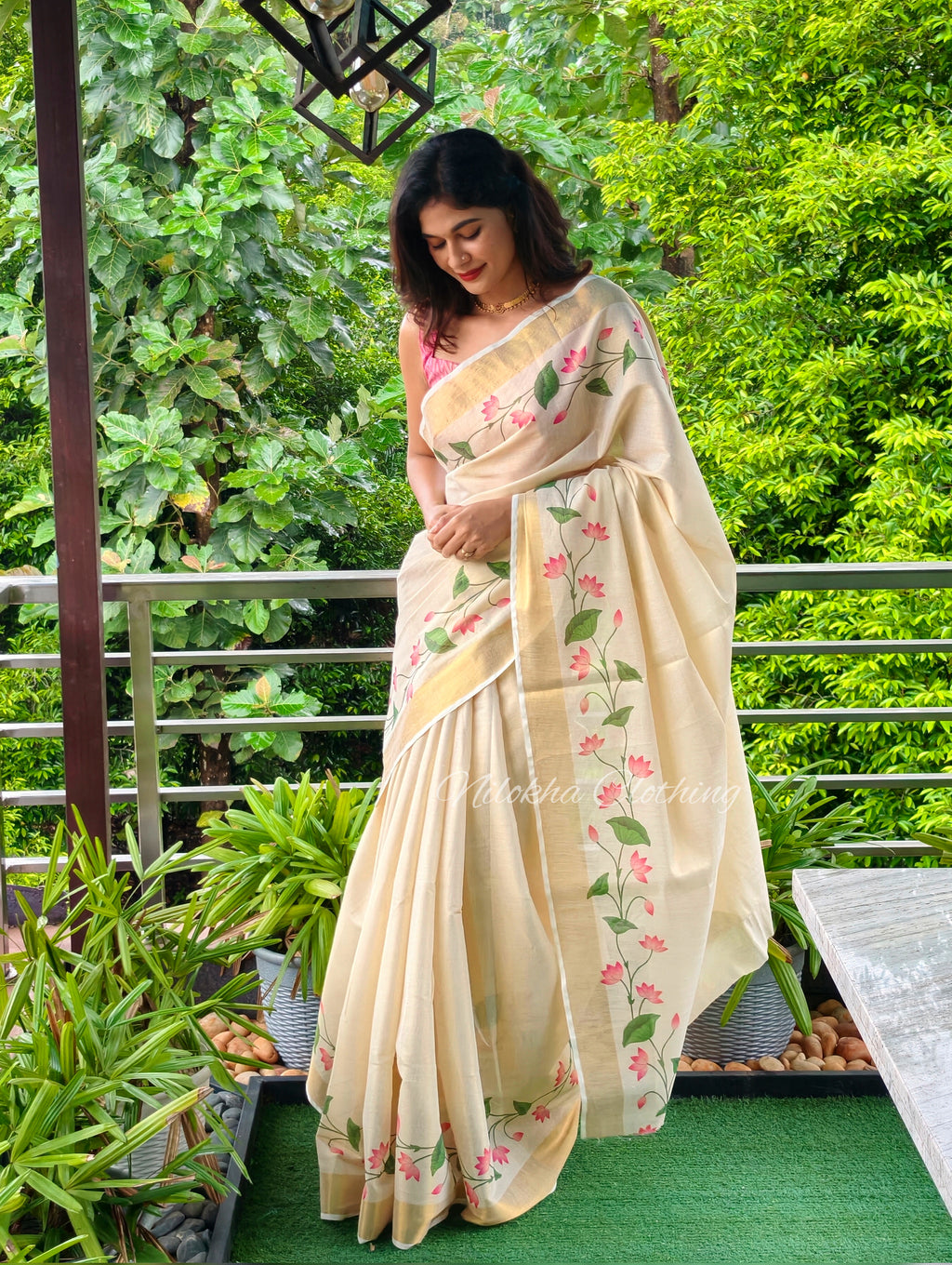 Lotus print tissue kerala saree | NCO42