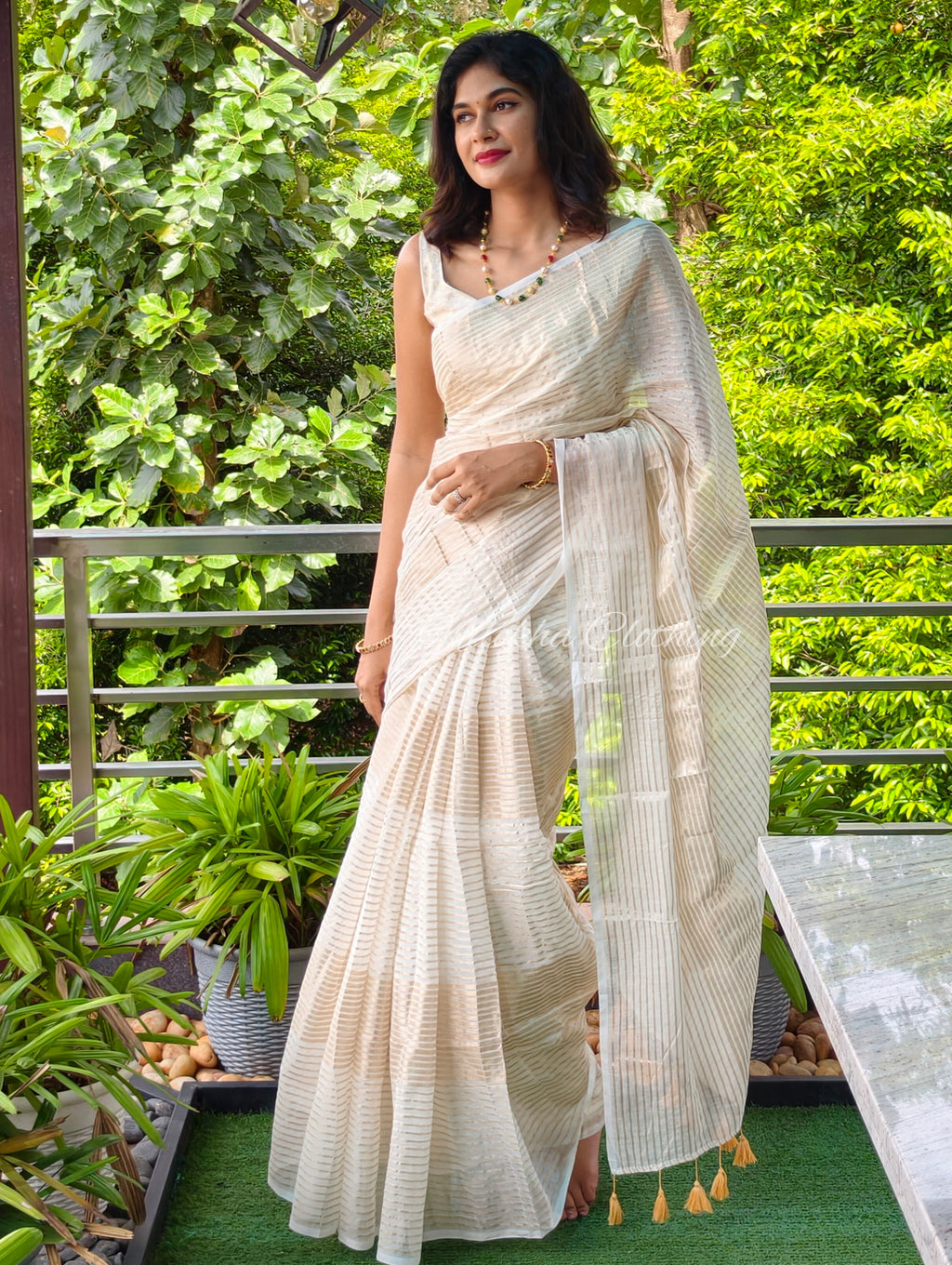 Golden striped mul cotton saree| NCO43