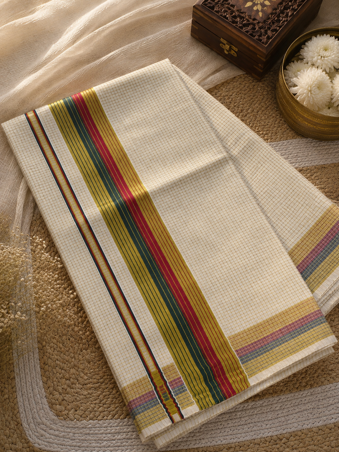 Checked kerala saree with tri-border| NCO57