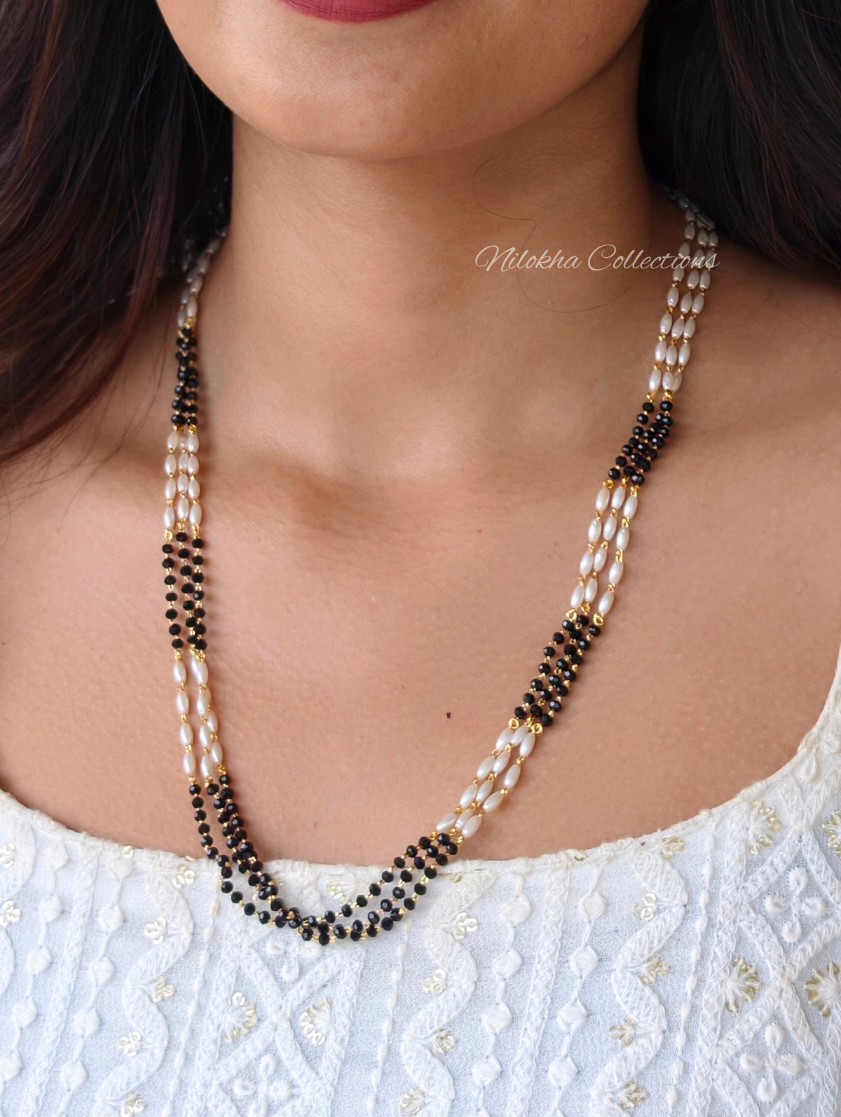 3 layer rice pearl chain with crystals | NAN417