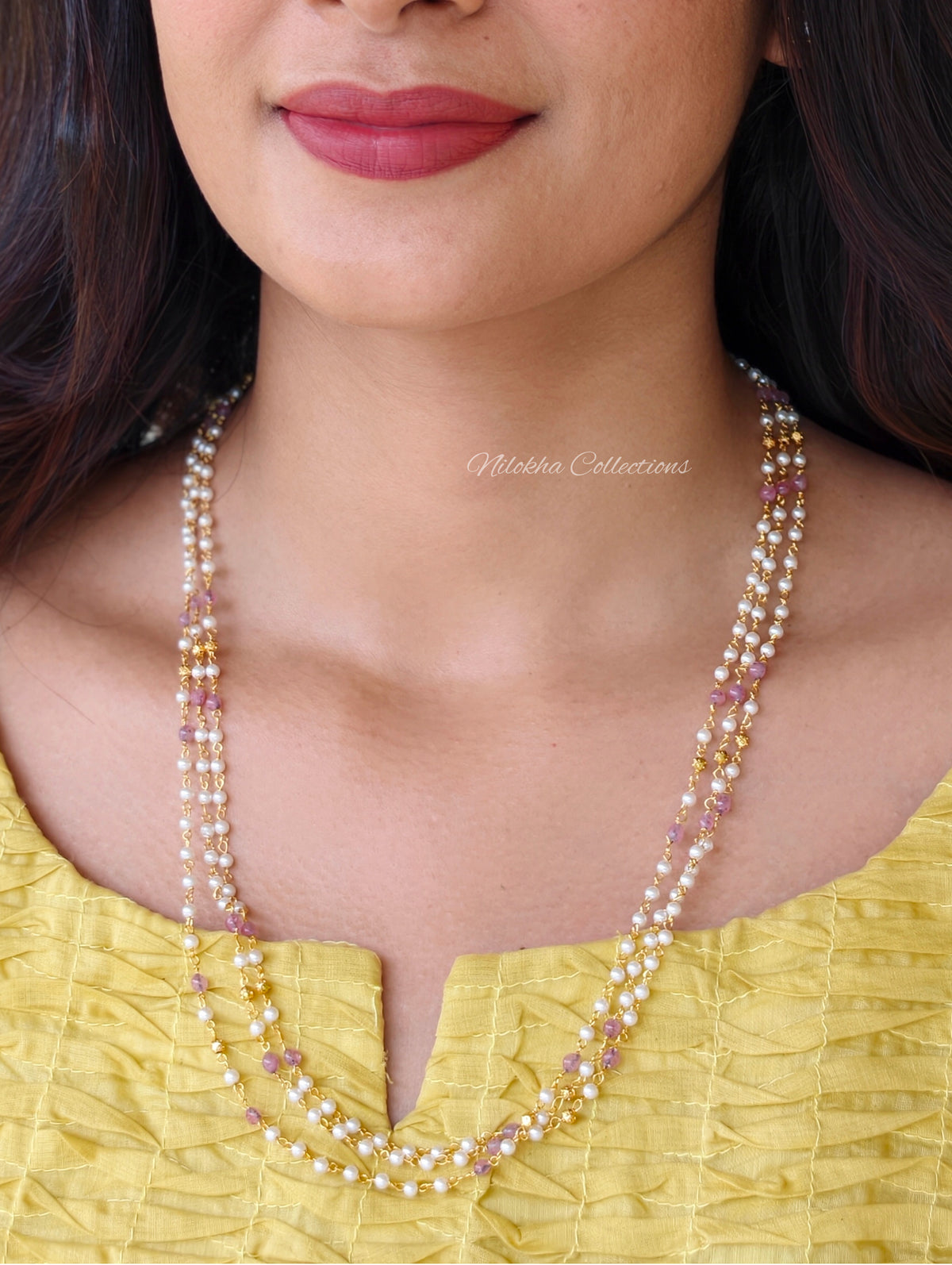 3 layer pearl chain with golden beads | NAN418