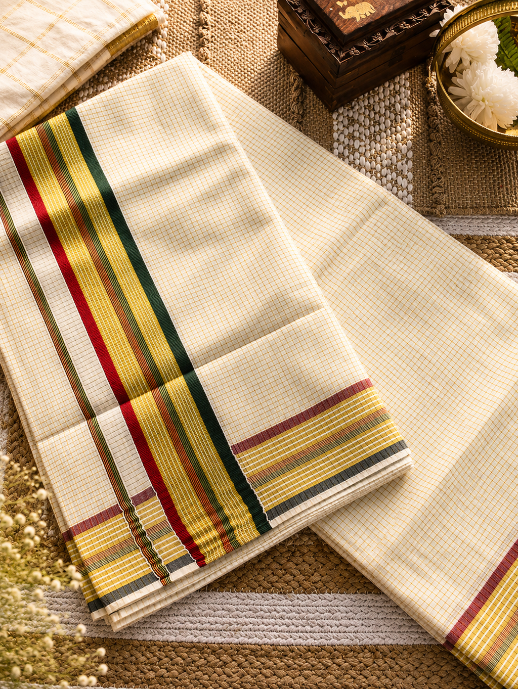 Checked kerala saree with tri-border | NCO55