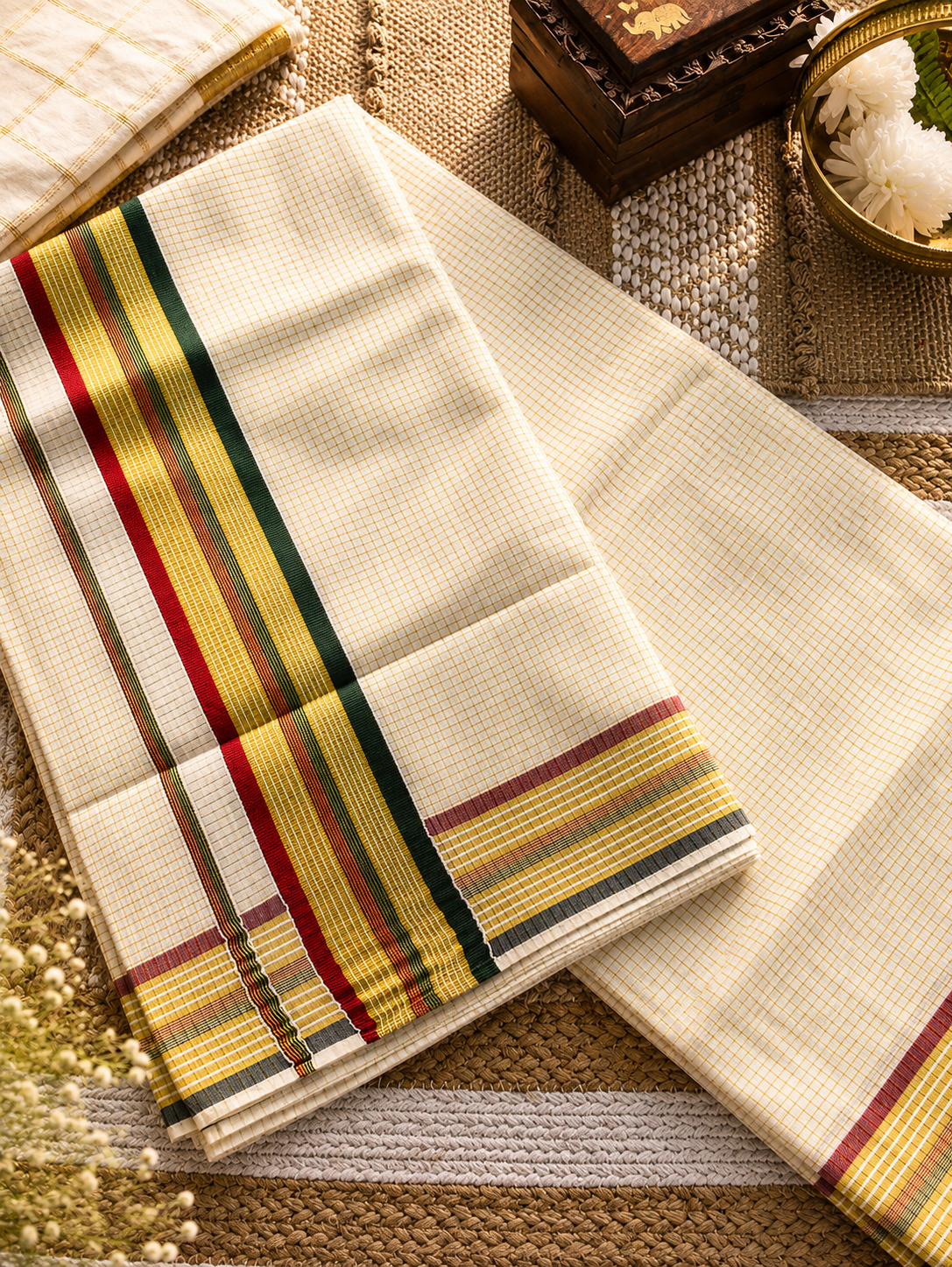 Checked kerala saree with tri-border | NCO55