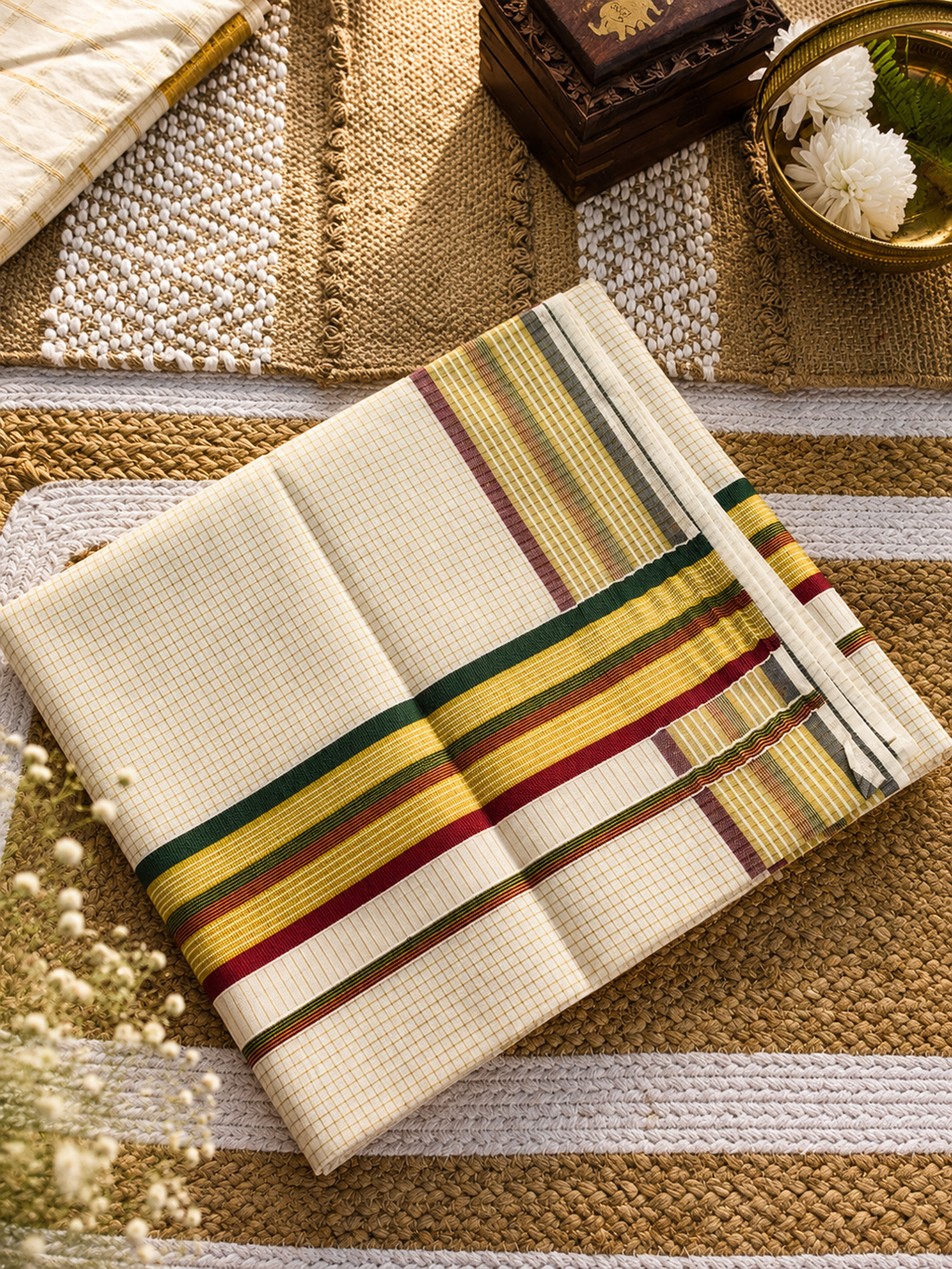 Checked kerala saree with tri-border | NCO55