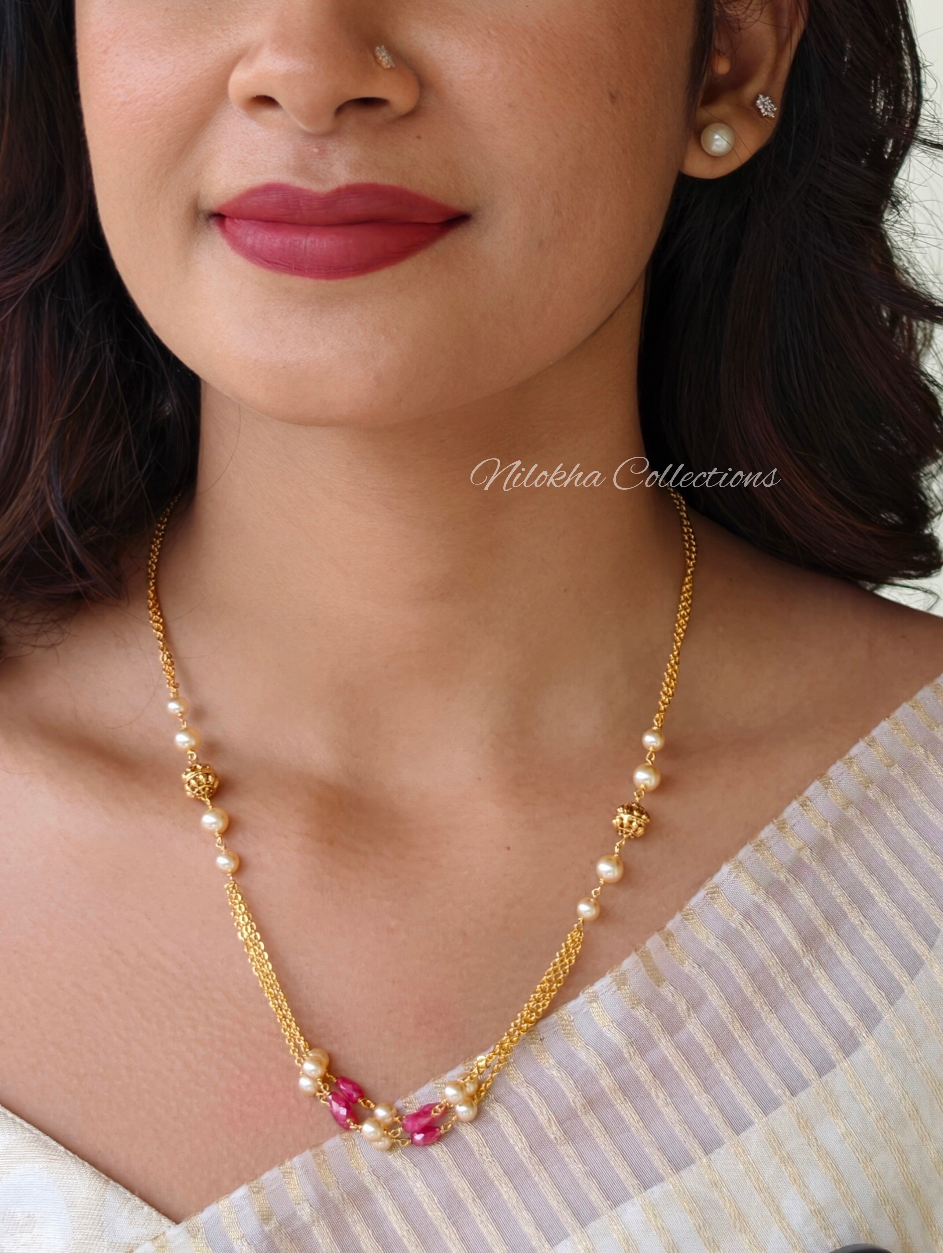 Gold look-alike pearl chain with crystals | NAN361